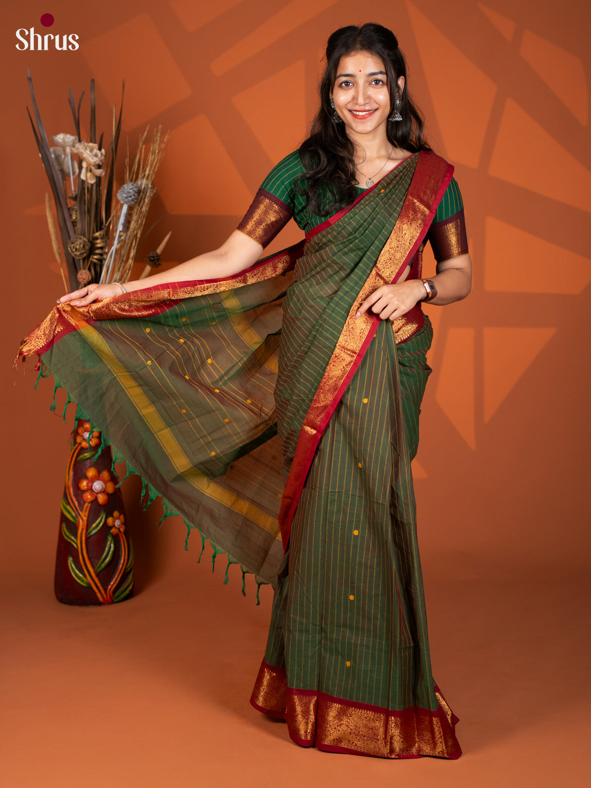 Green & Maroon- Chettinad Cotton Saree - Shop on Shrus.com