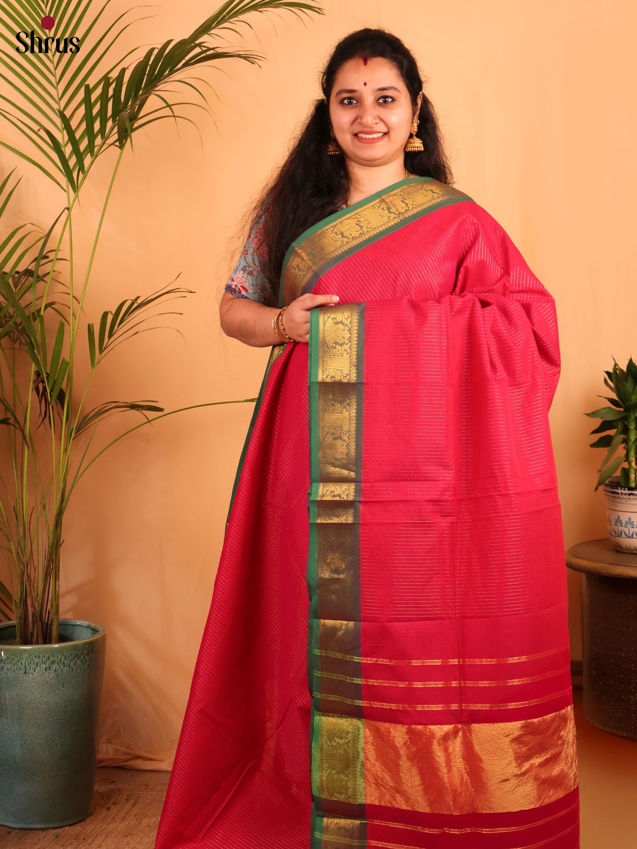 Chettinad Cotton Saree - Green with pink undertone (purple border)