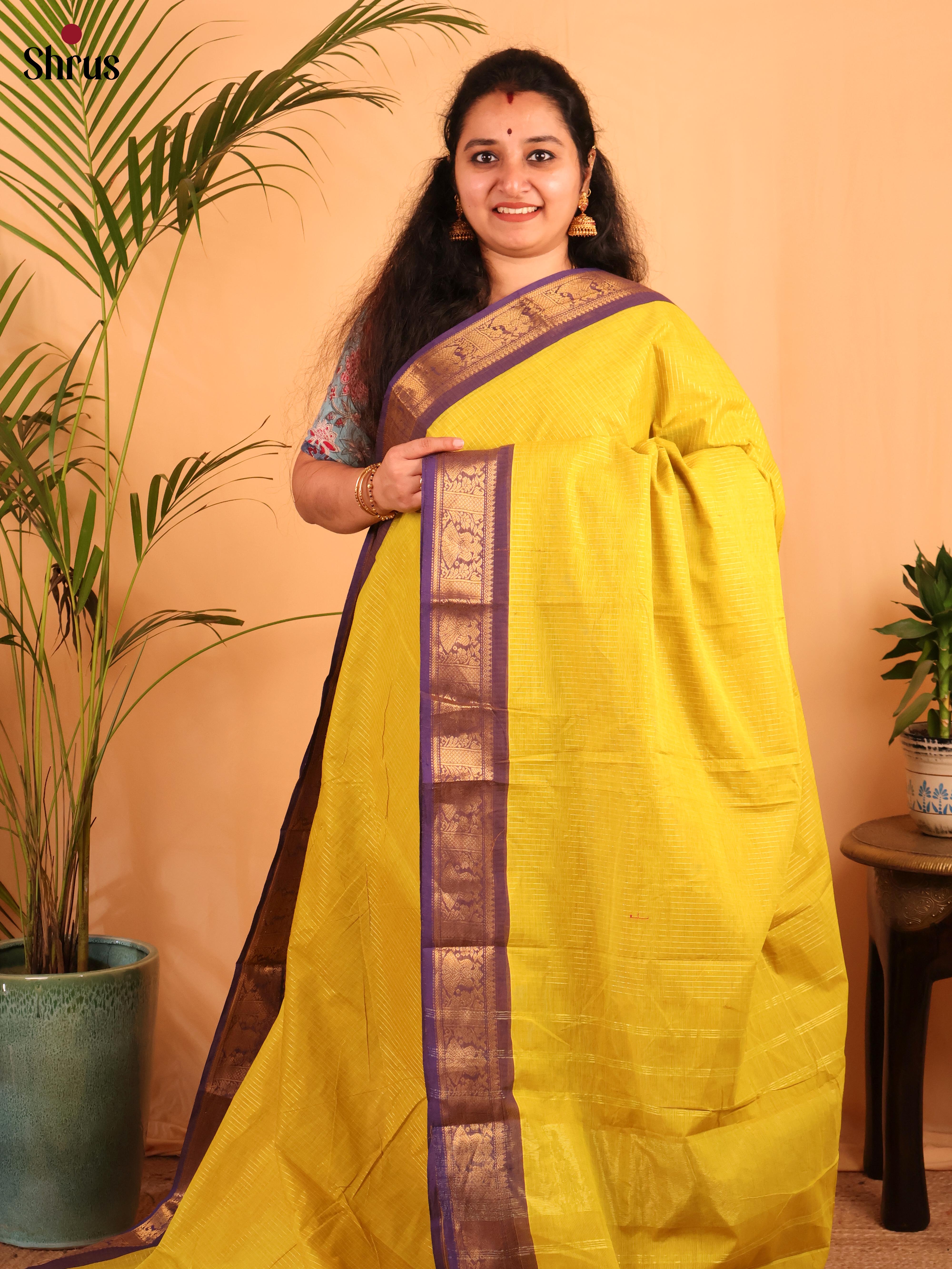 Yellow & Purple- Chettinad Cotton Saree - Shop on Shrus.com