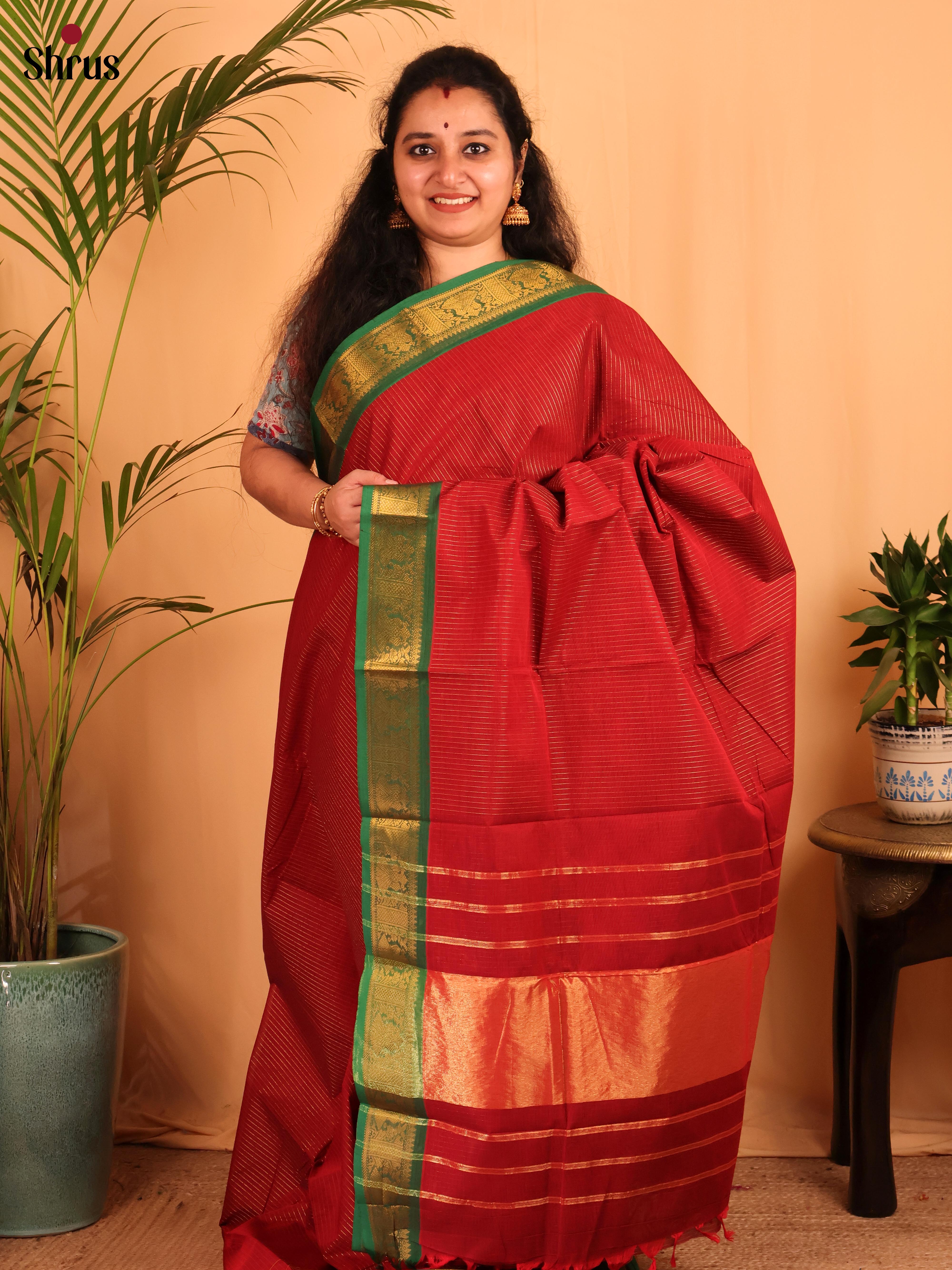 Red & Green - Chettinad Cotton Saree - Shop on Shrus.com