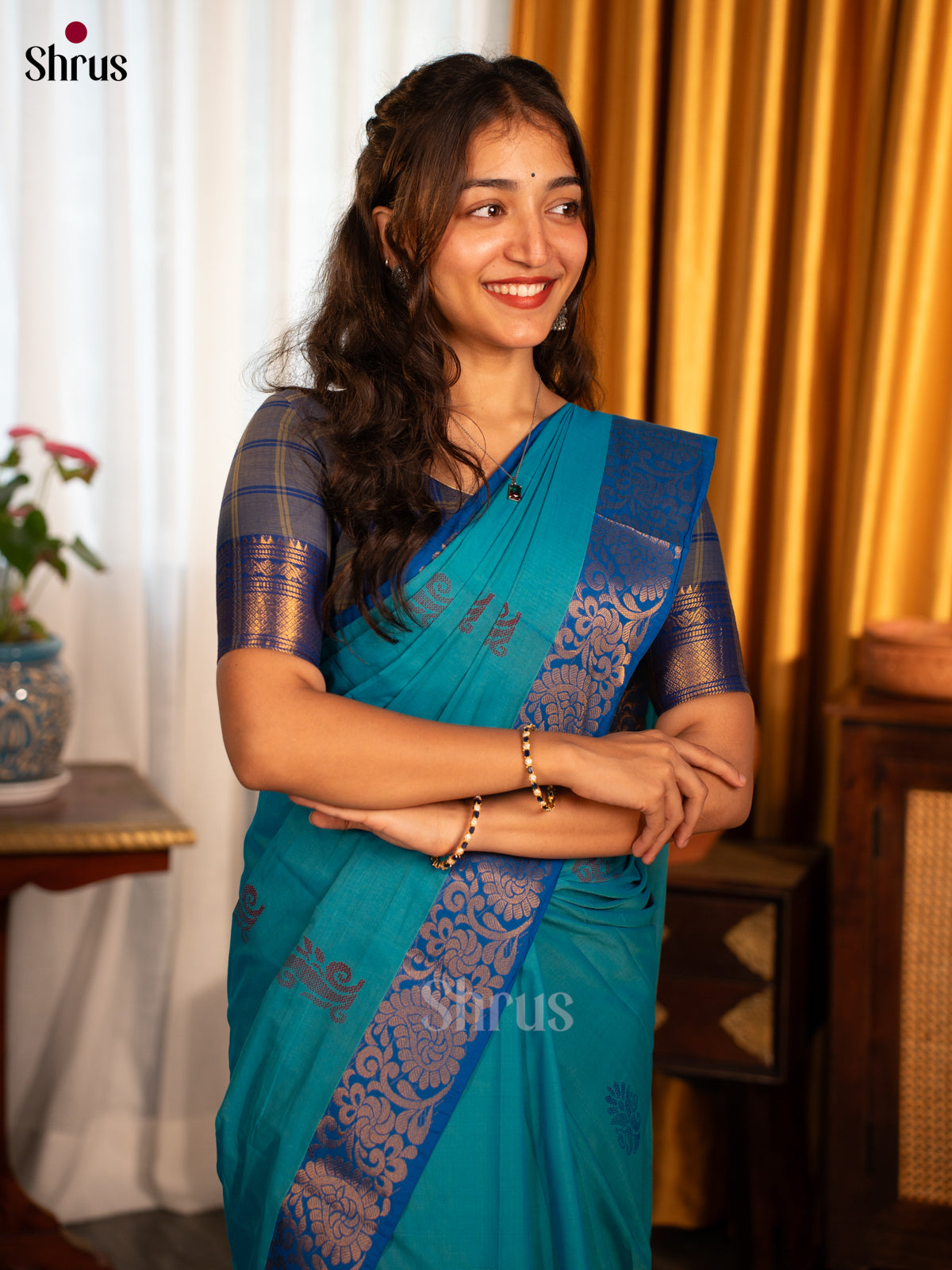 Teal & Blue - Chettinad Cotton Saree - Shop on Shrus.com