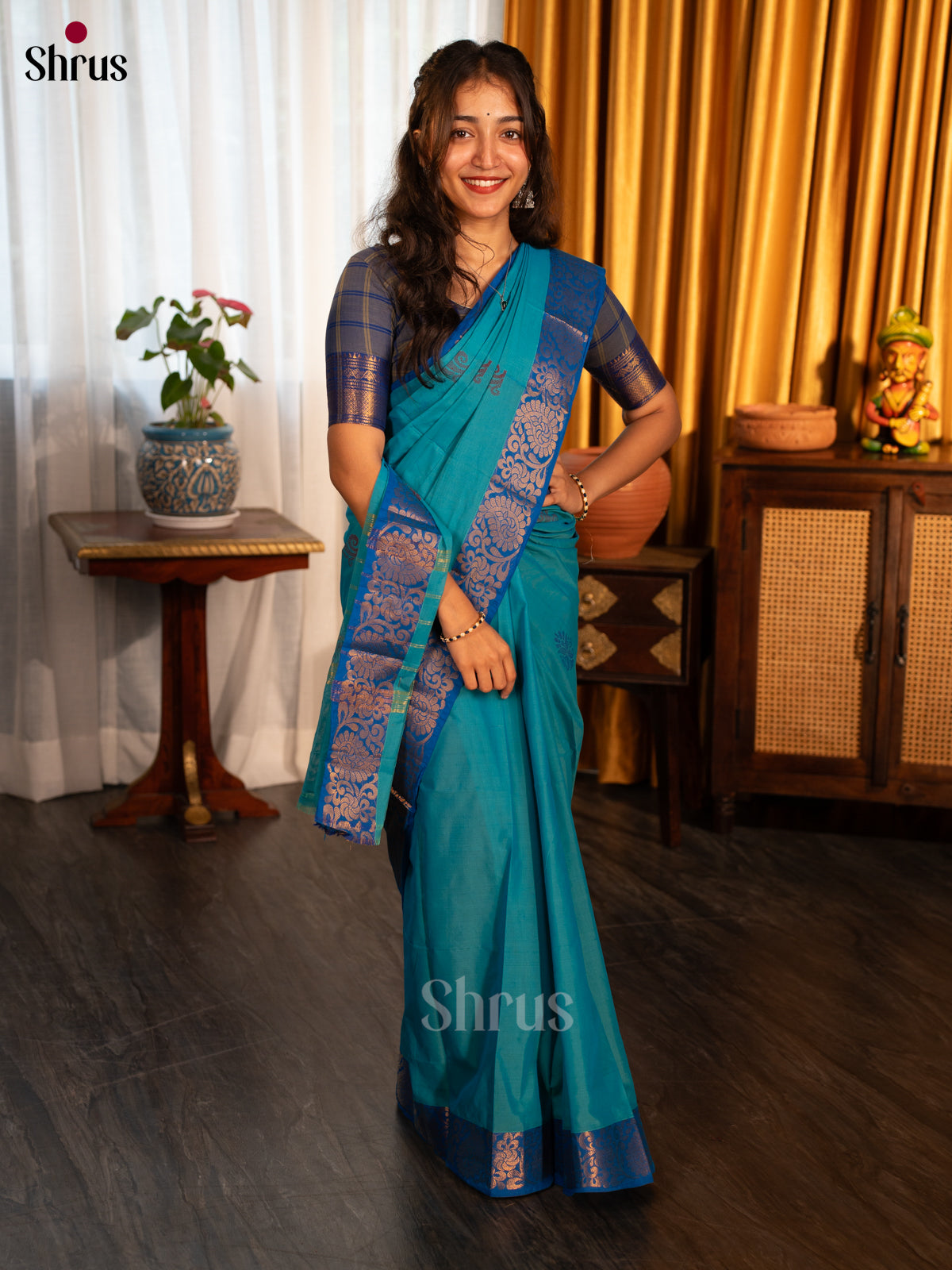 Teal & Blue - Chettinad Cotton Saree - Shop on Shrus.com