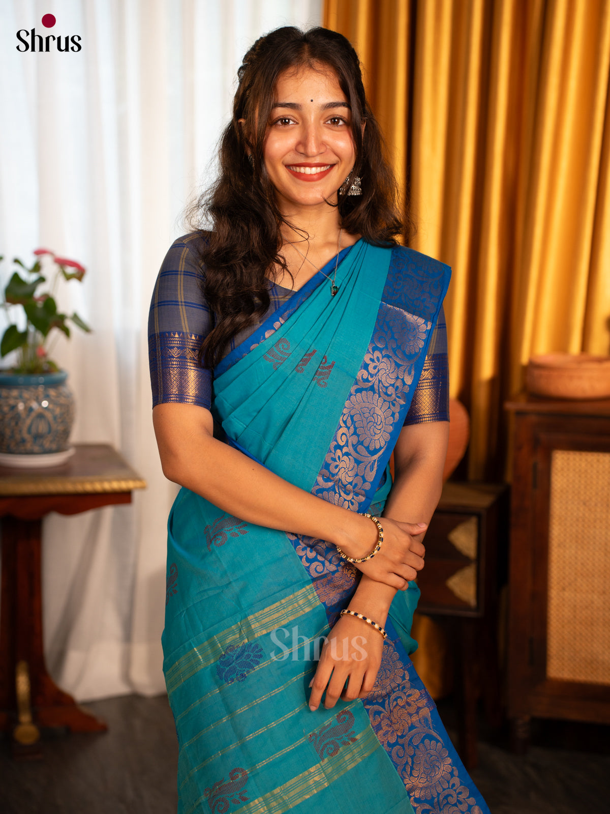 Teal & Blue - Chettinad Cotton Saree - Shop on Shrus.com