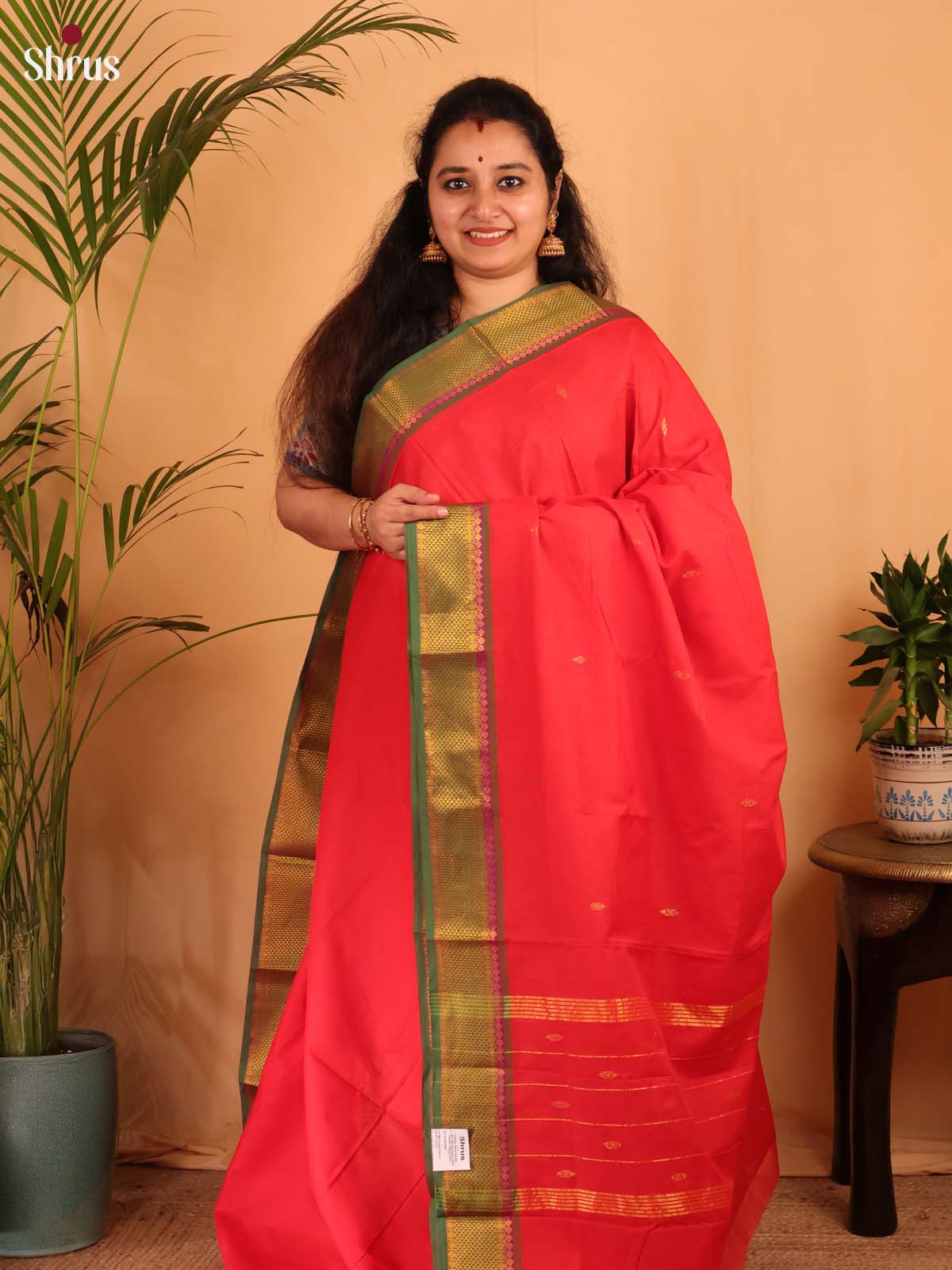 Reddish Pink & Green - Chettinad Cotton Saree - Shop on Shrus.com