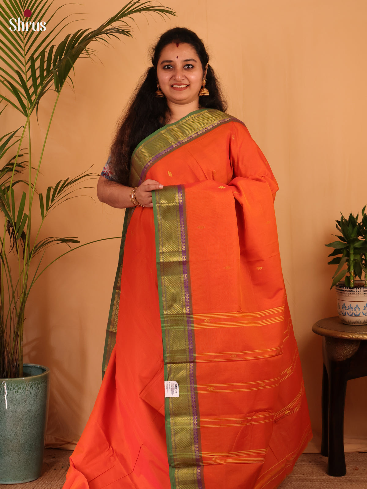 Orange & Green - Chettinad Cotton Saree - Shop on Shrus.com