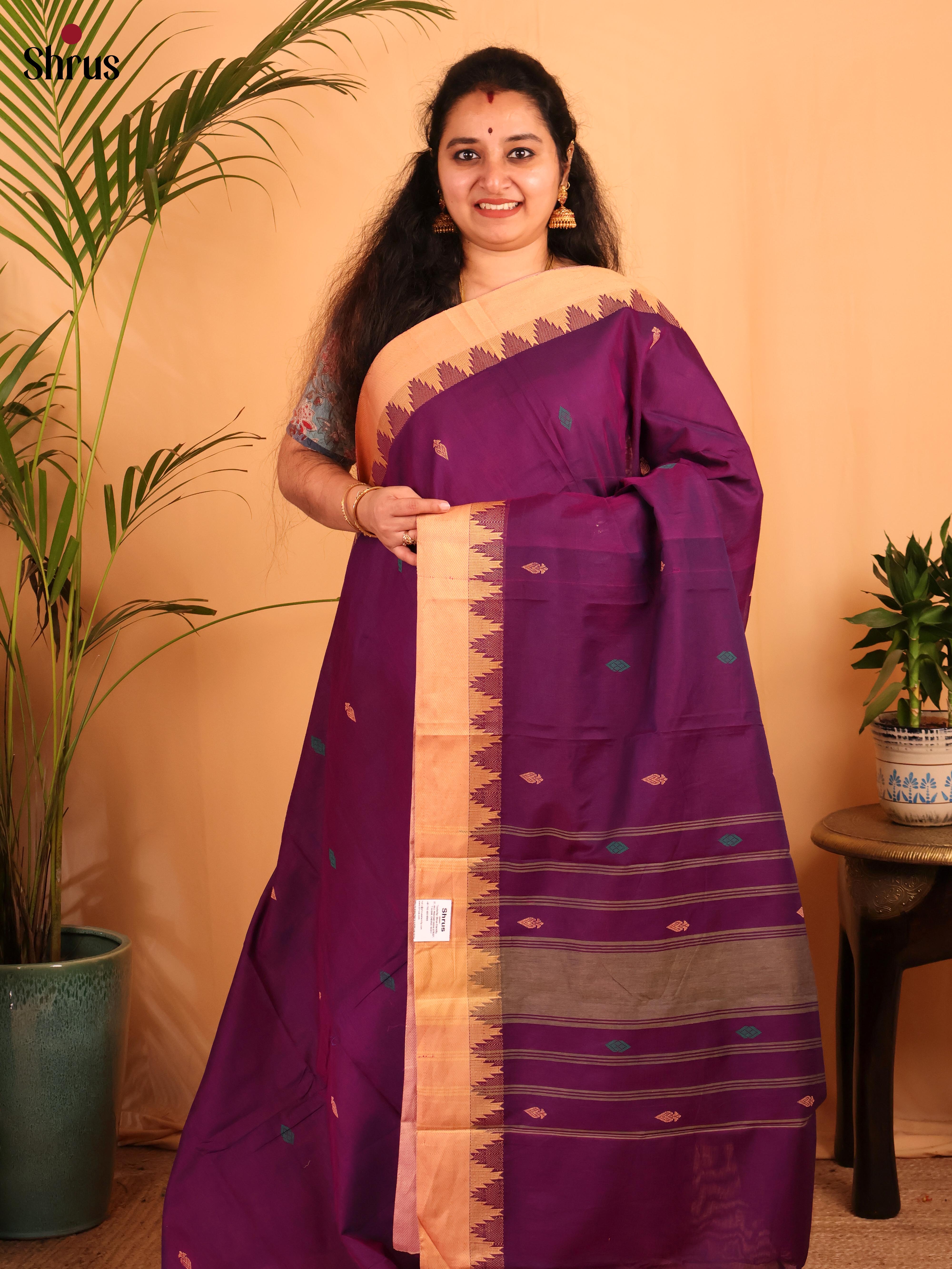 Purple & Peach - Chettinad Cotton Saree - Shop on Shrus.com