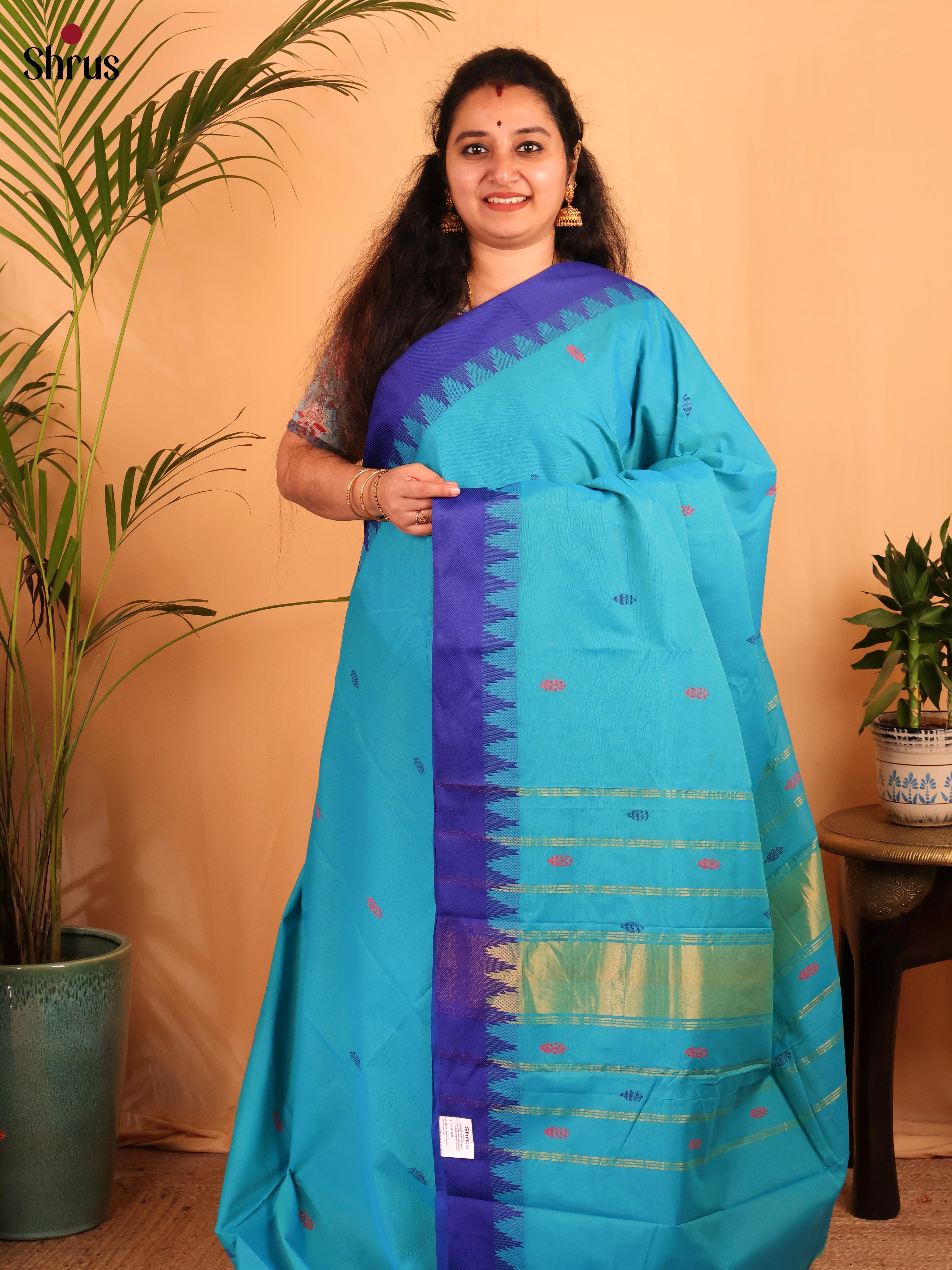 Teal & Blue - Chettinad Cotton Saree - Shop on Shrus.com