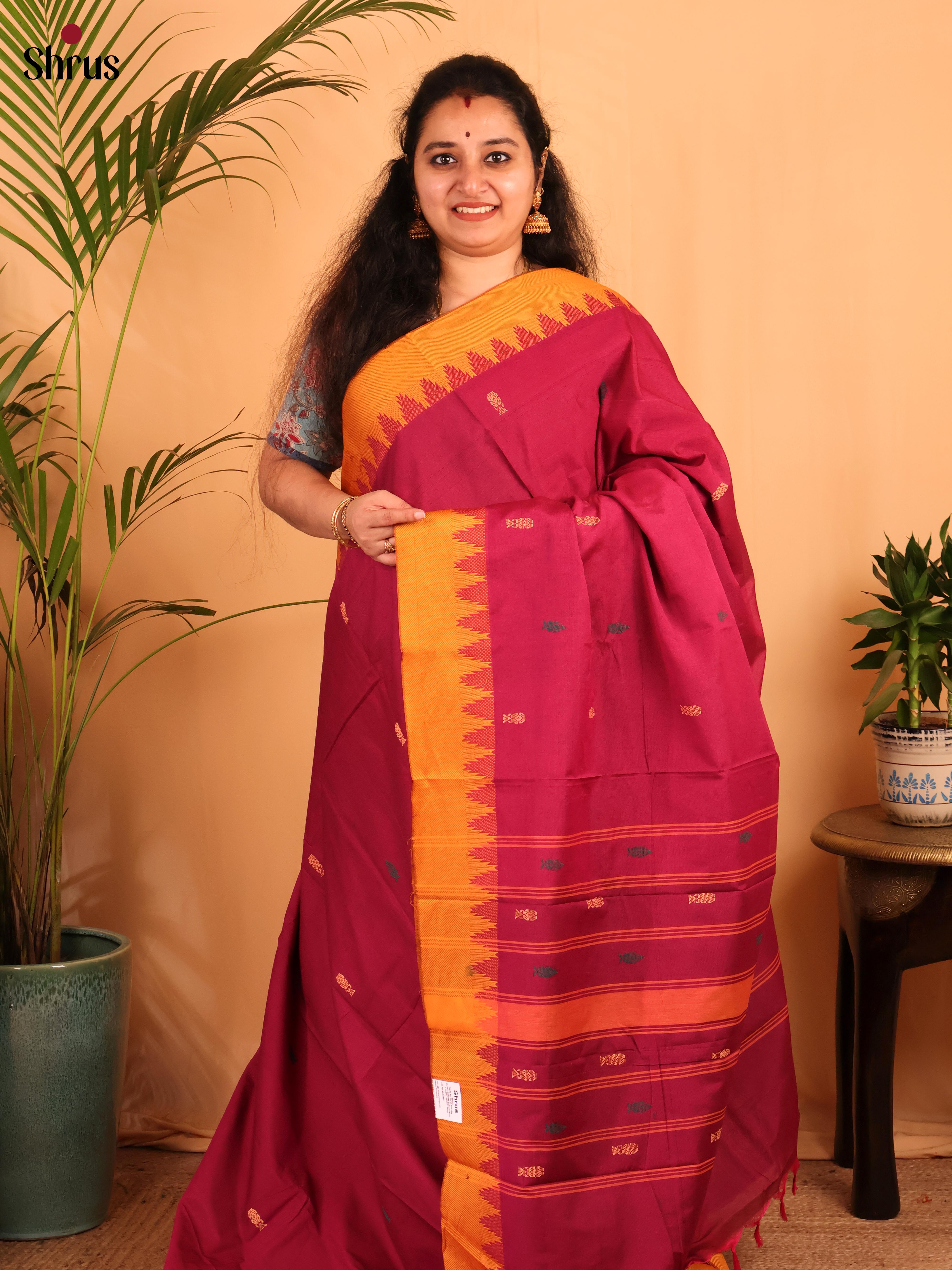 Pink & mustard - Chettinad Cotton Saree - Shop on Shrus.com