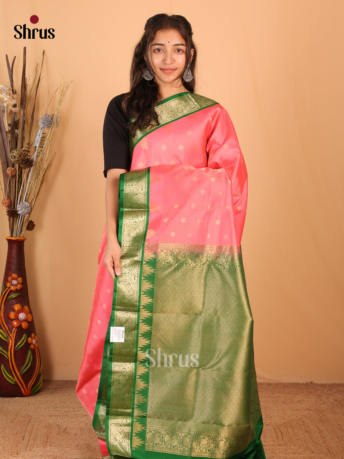 Pink & Green - Kanchipuram silk Saree - Shop on Shrus.com