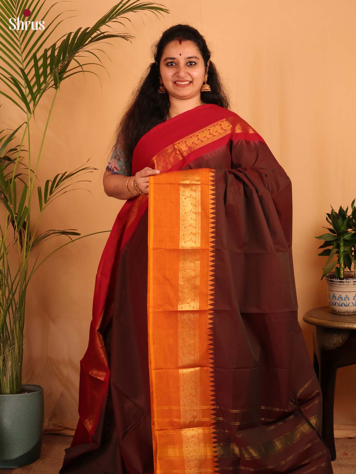 Brown & Orange- Chettinad Cotton Saree - Shop on Shrus.com