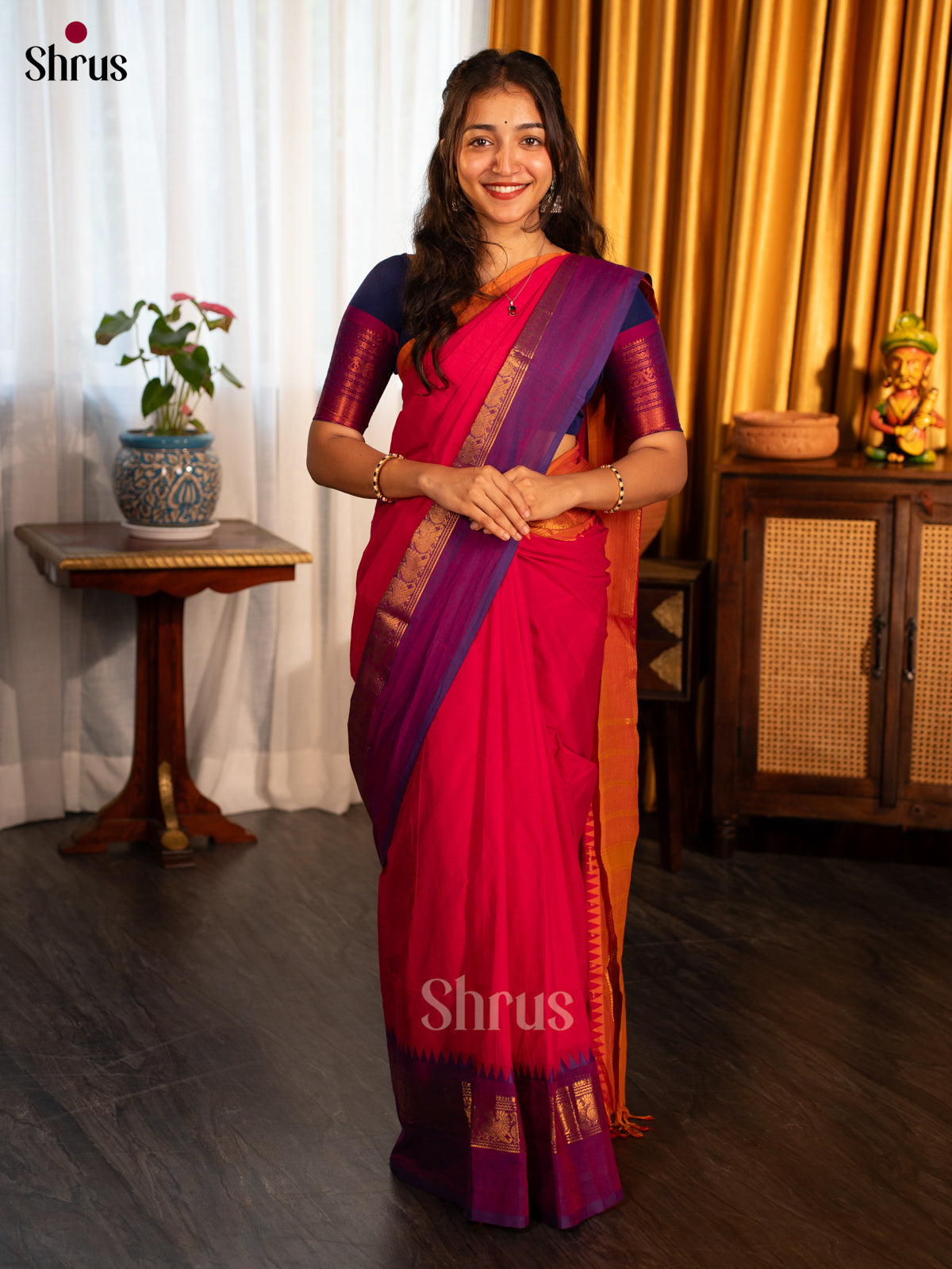 Reddish Pink & Blue - Chettinad Cotton Saree - Shop on Shrus.com
