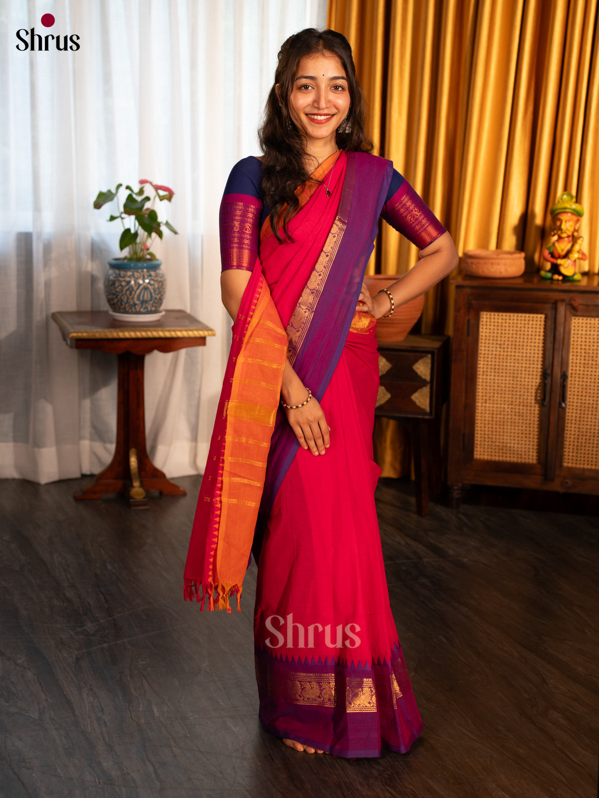 Reddish Pink & Blue - Chettinad Cotton Saree - Shop on Shrus.com