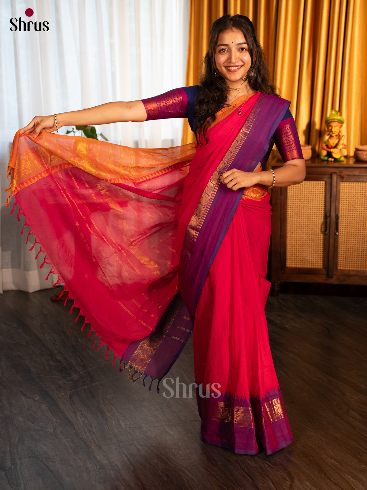 Reddish Pink & Blue - Chettinad Cotton Saree - Shop on Shrus.com
