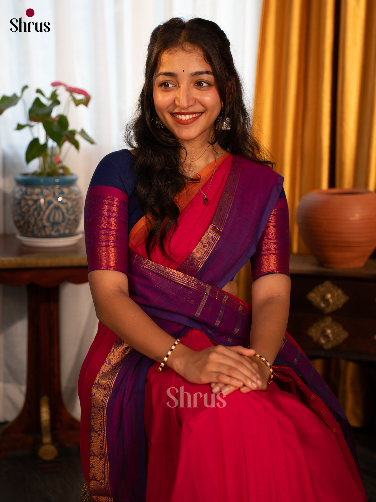 Reddish Pink & Blue - Chettinad Cotton Saree - Shop on Shrus.com