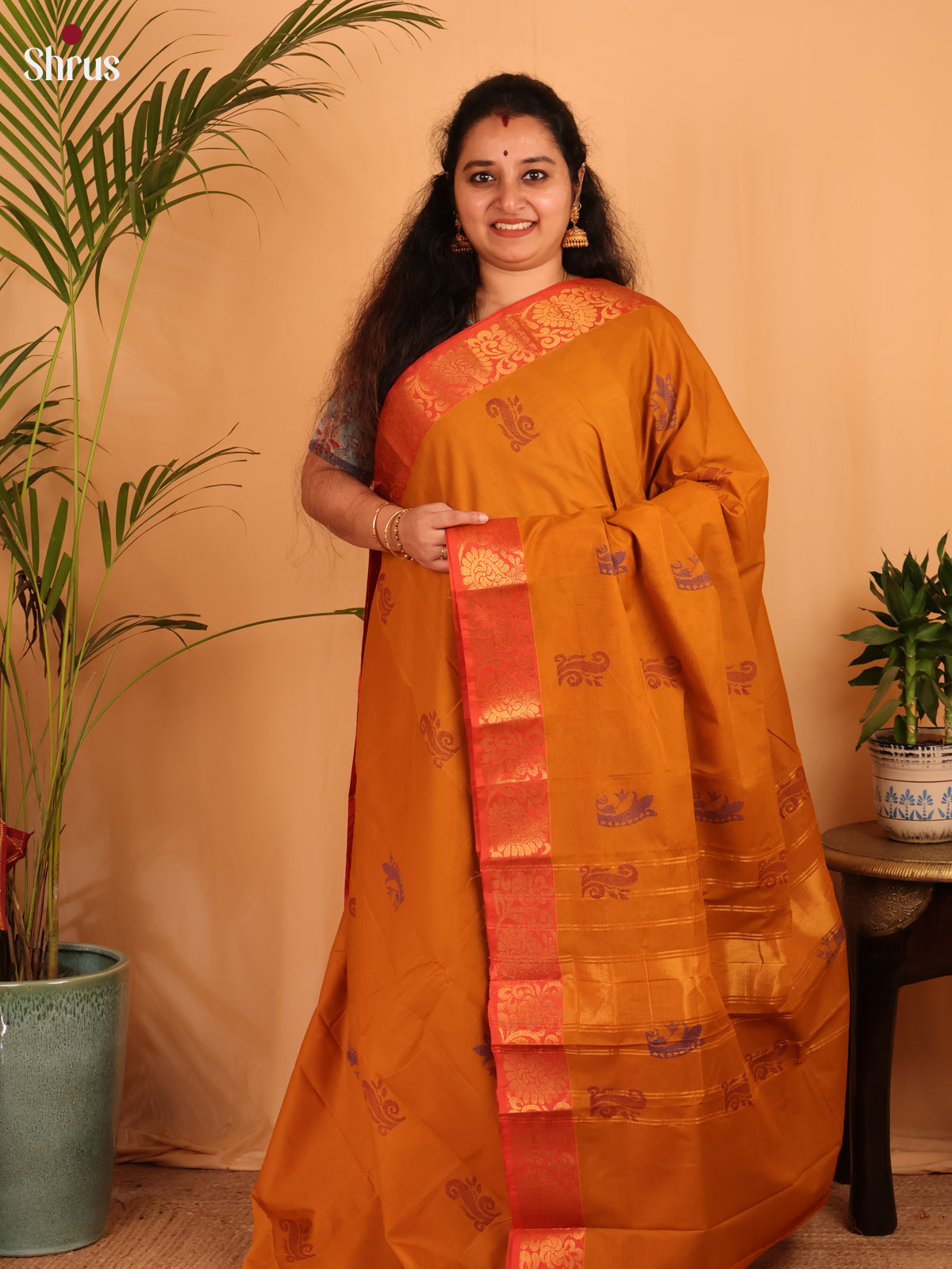 Mustard & Orange- Chettinad Cotton Saree - Shop on Shrus.com