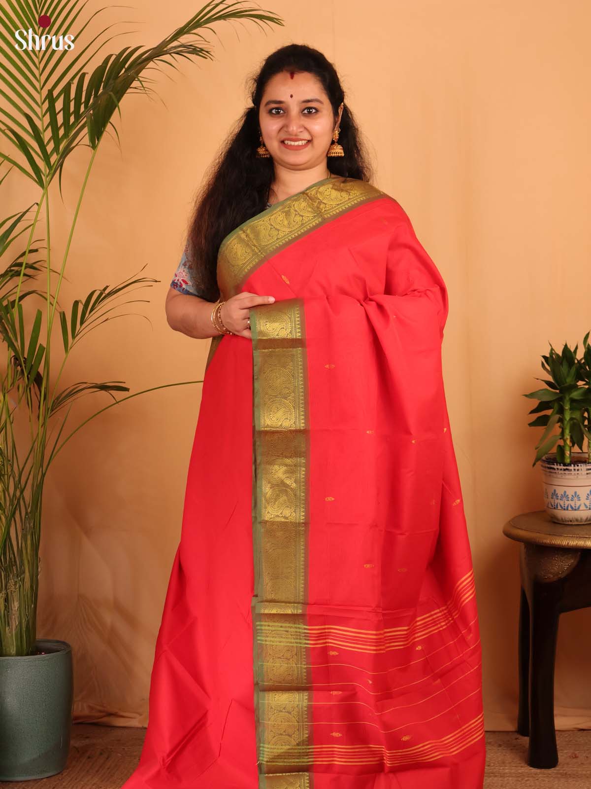 Reddish Pink & Green - Chettinad Cotton Saree - Shop on Shrus.com