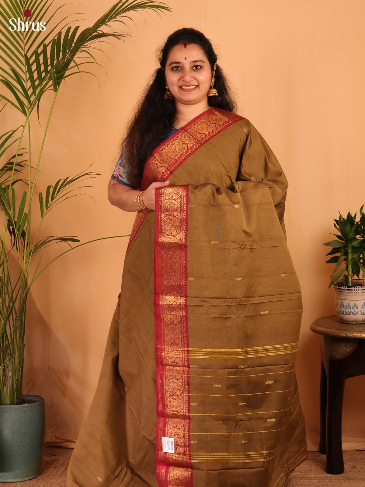 Mehandi & Red - Chettinad Cotton Saree - Shop on Shrus.com