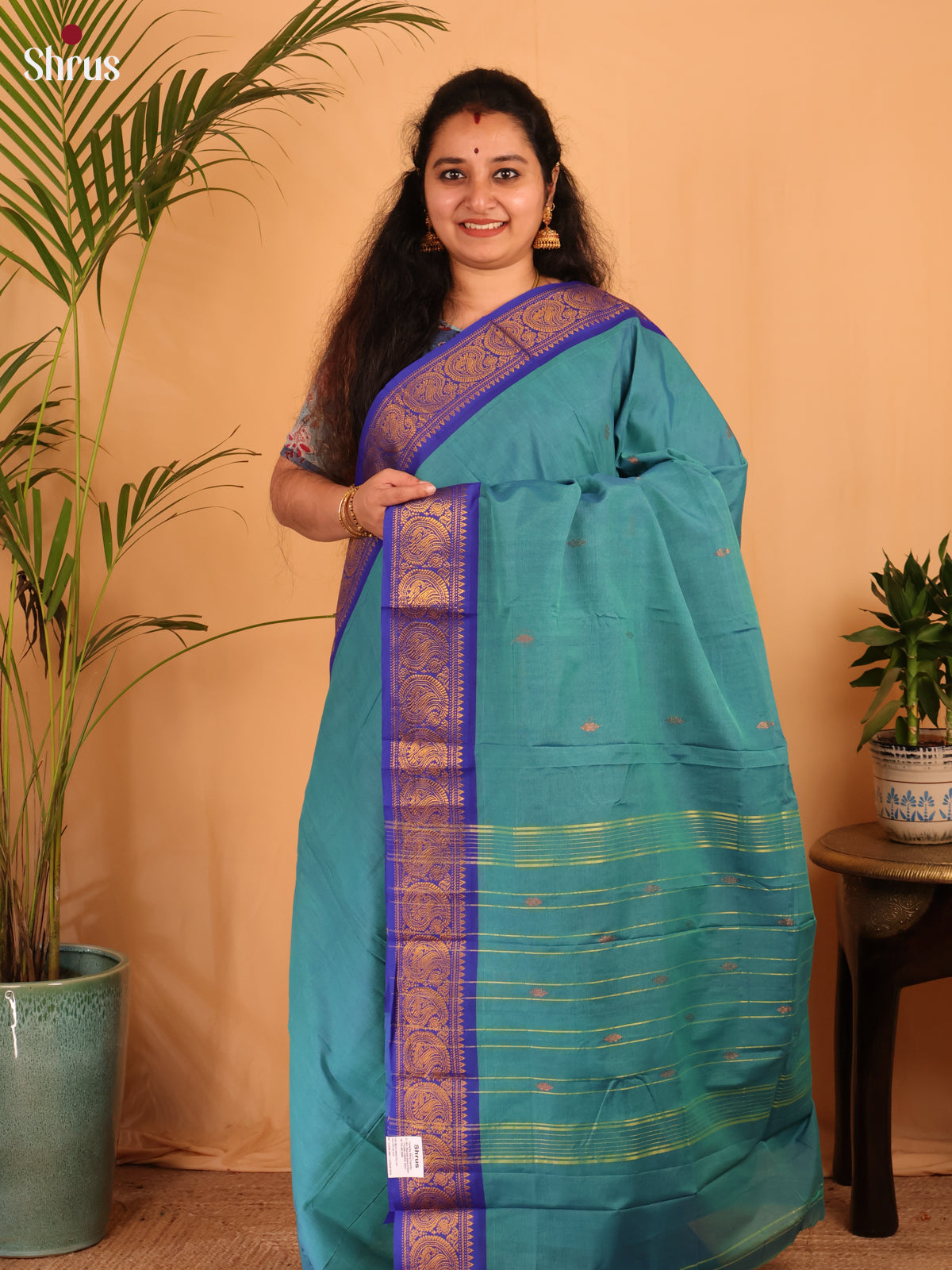 Teal & Blue - Chettinad Cotton Saree - Shop on Shrus.com