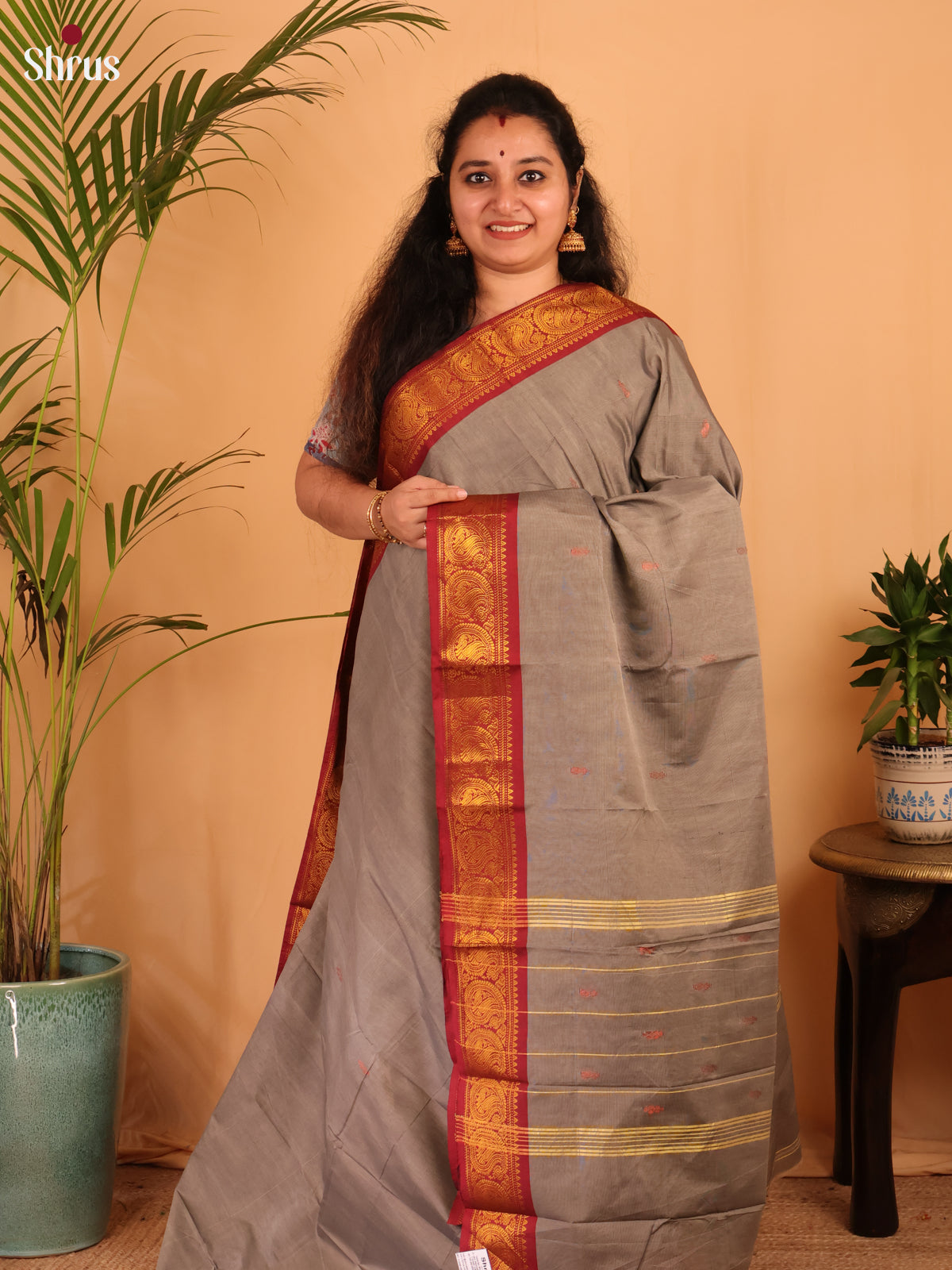 Grey & Maroon- Chettinad Cotton Saree - Shop on Shrus.com