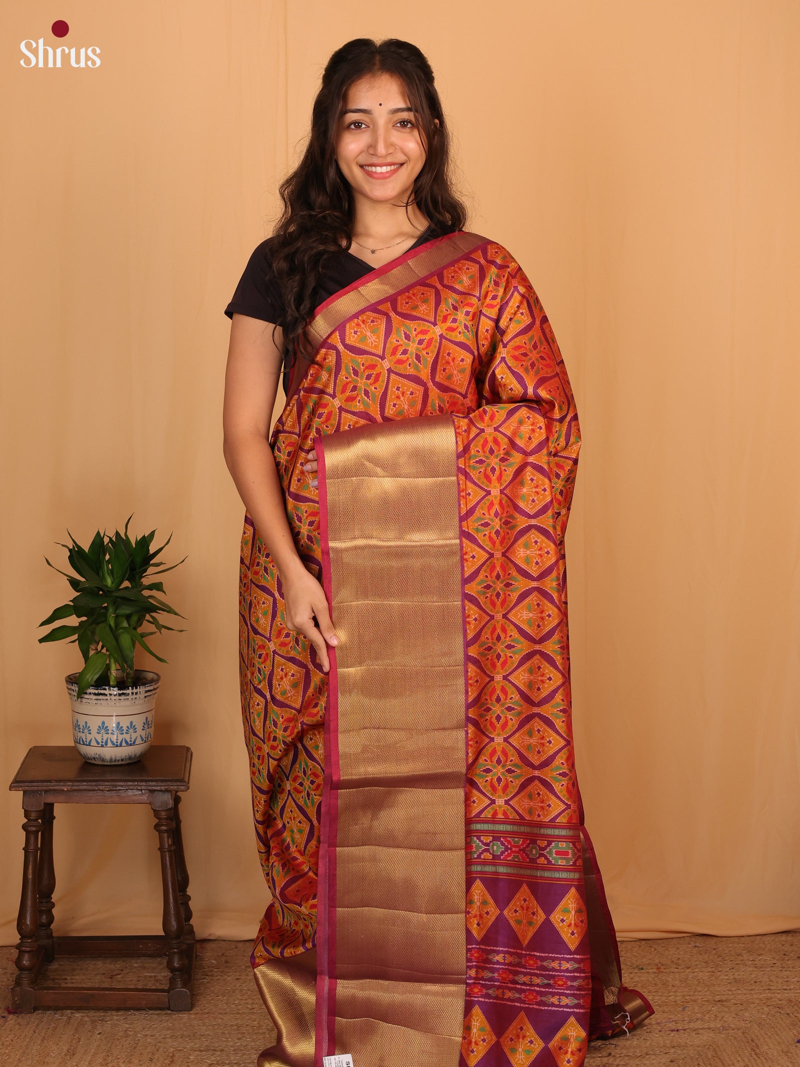 Orange & Purple - Semi Patola Saree - Shop on Shrus.com