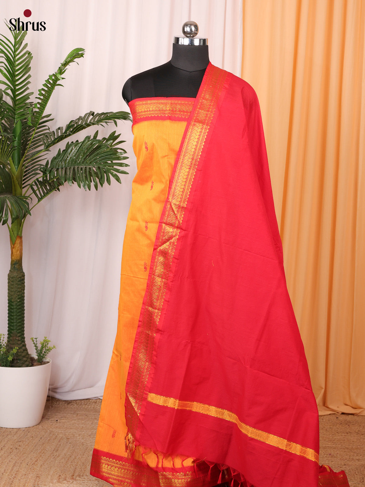 Yellow & Red- Kalyani Cotton salwar unstitch - Shop on Shrus.com