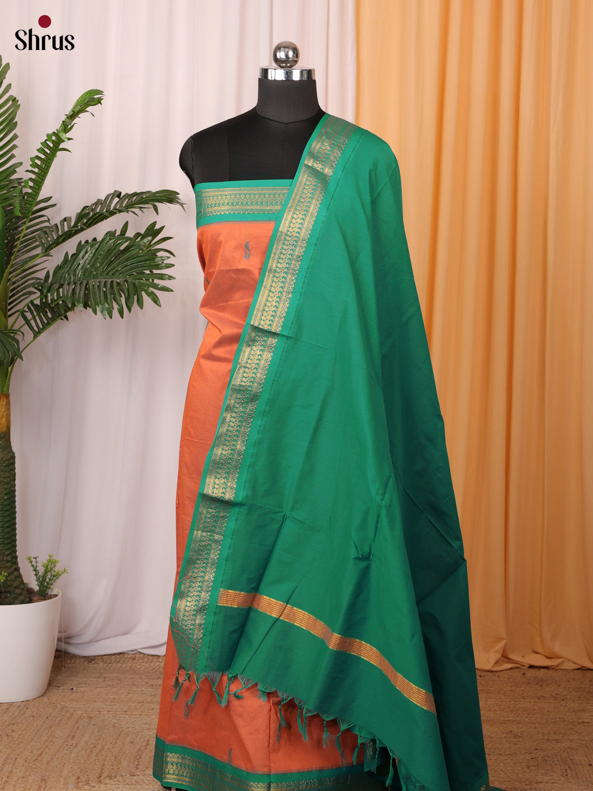 Orange & Green - Kalyani Cotton salwar unstitch - Shop on Shrus.com