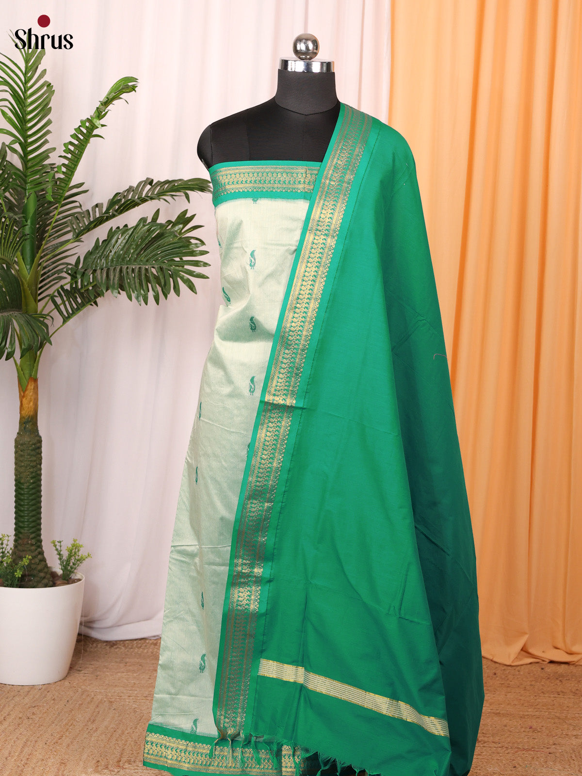 Lite Green & Green- Kalyani Cotton salwar unstitch - Shop on Shrus.com