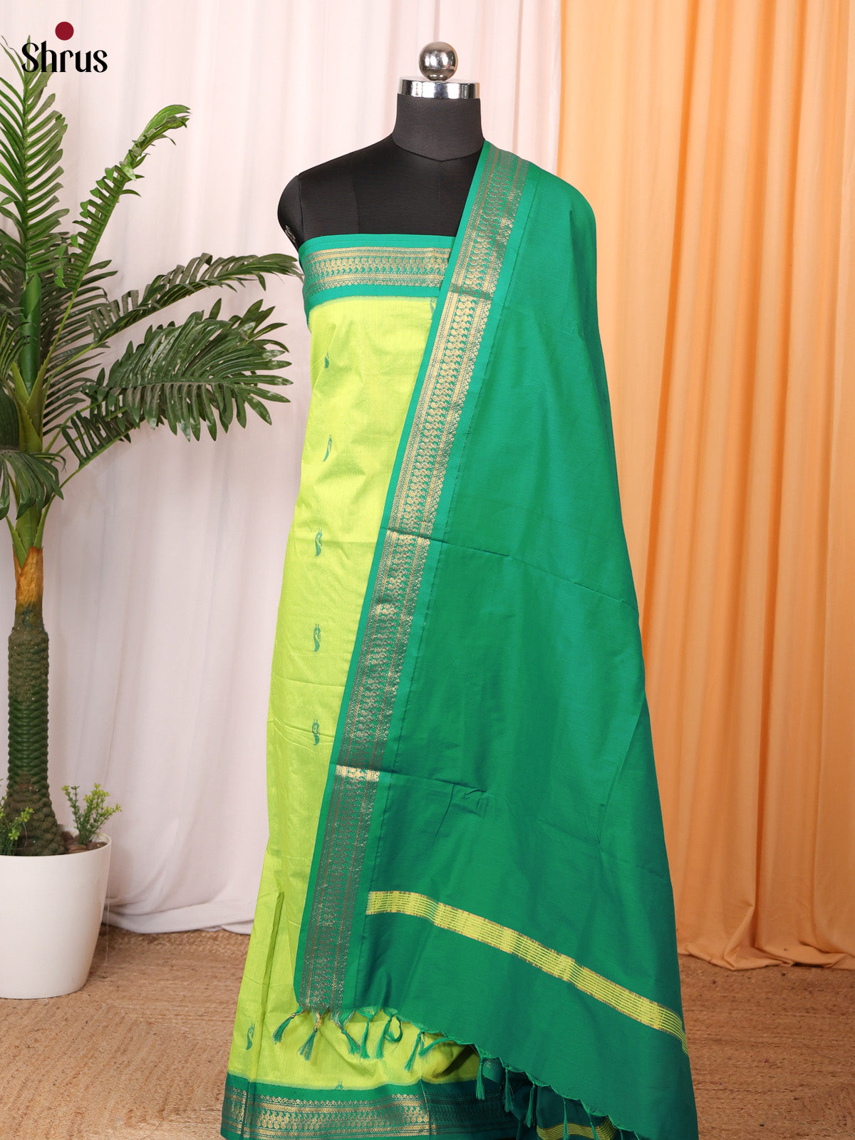 Lime Green & Green - Kalyani Cotton unstitched top & Dupatta - CKS29013 - Shop on Shrus.com