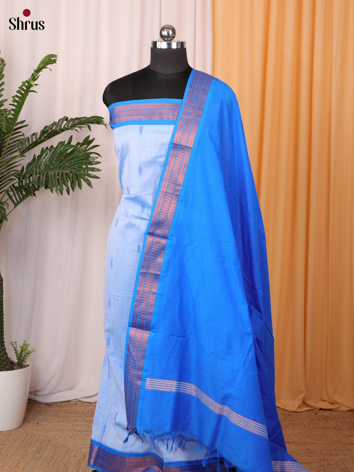Lite Blue & Blue- Kalyani Cotton unstitched Top & Dupatta - CKS29016 - Shop on Shrus.com