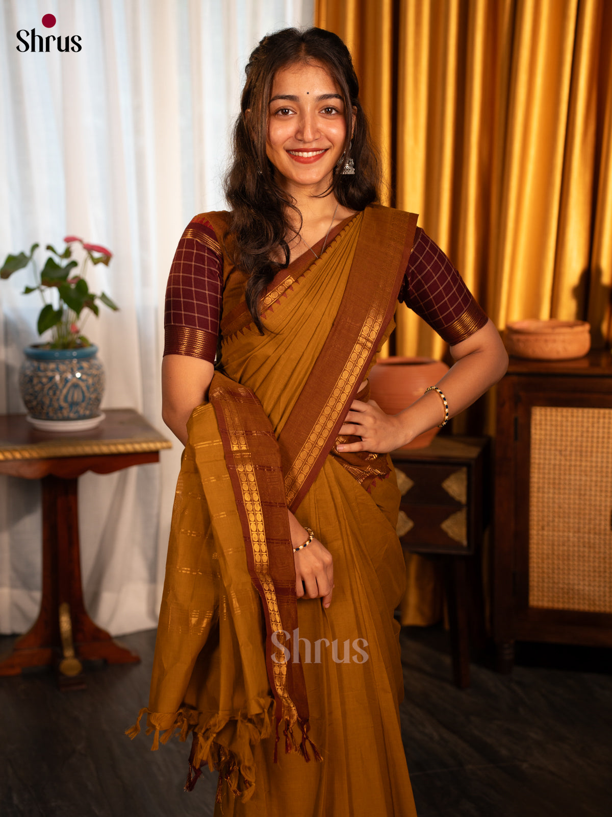 Brown - Chettinad Cotton Saree - Shop on Shrus.com