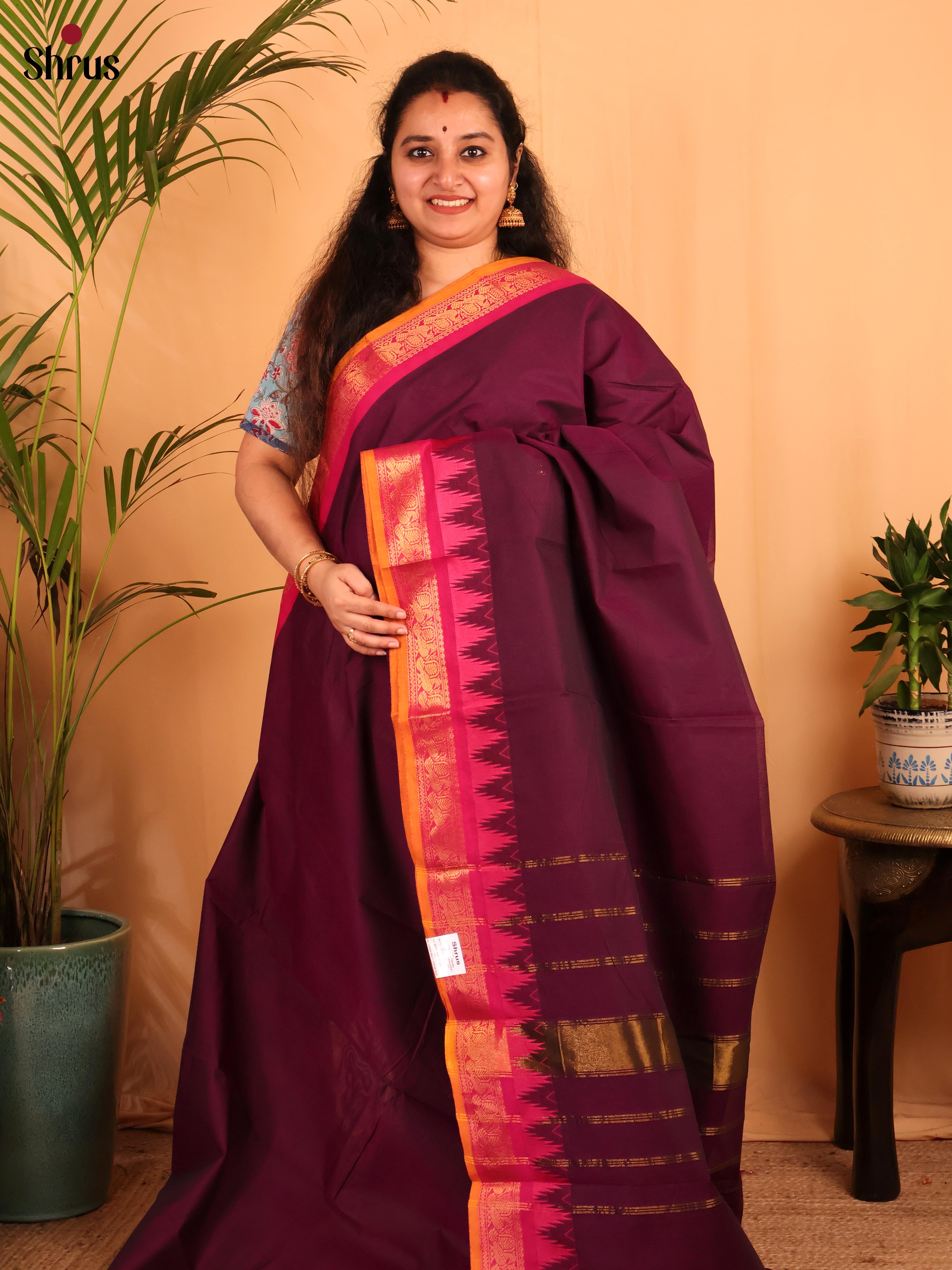 Maroon with Mustard & Pink - Chettinad Cotton Saree - Shop on Shrus.com