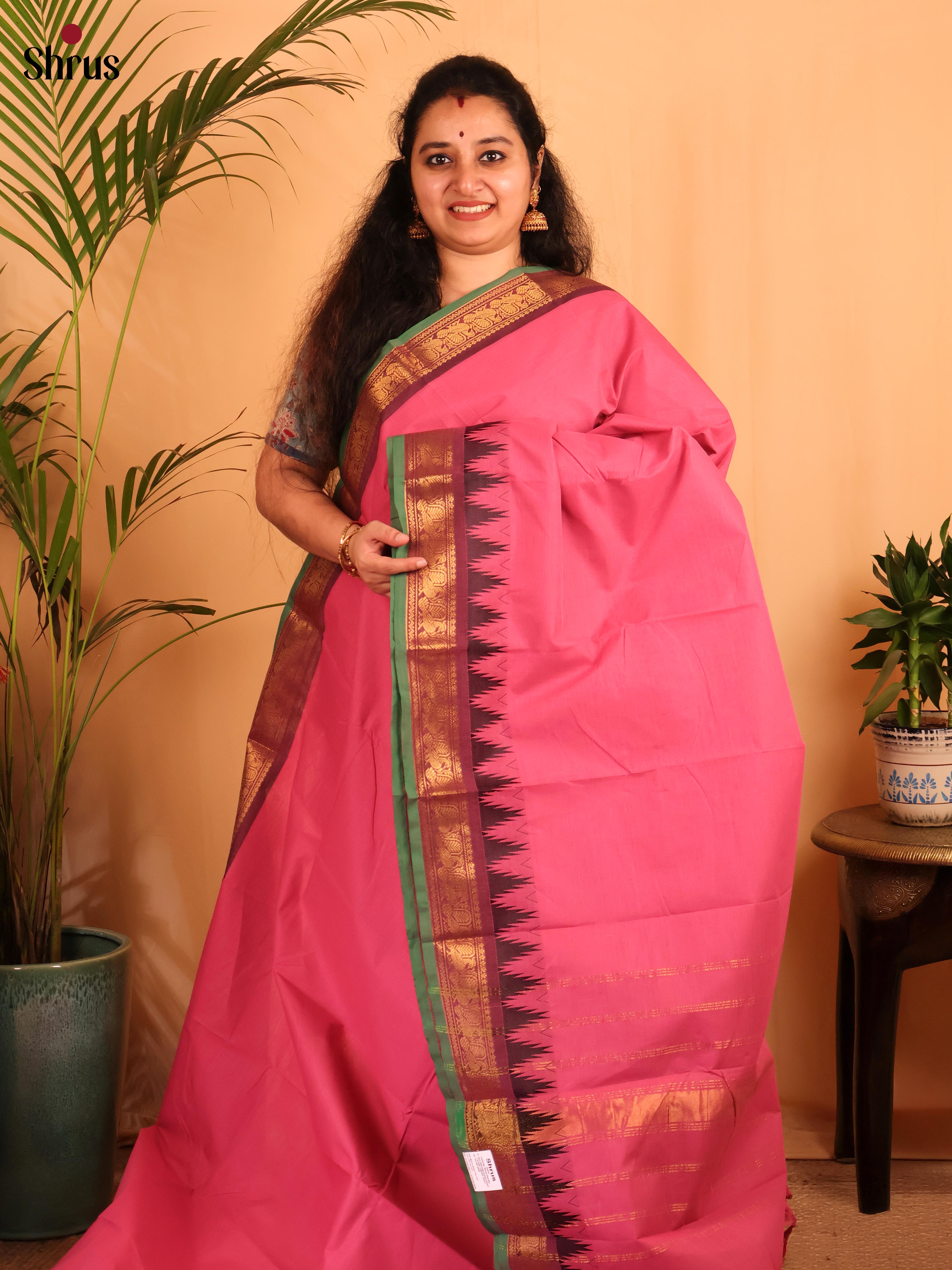 Pink With Green & Maroon - Chettinad Cotton Saree - Shop on Shrus.com