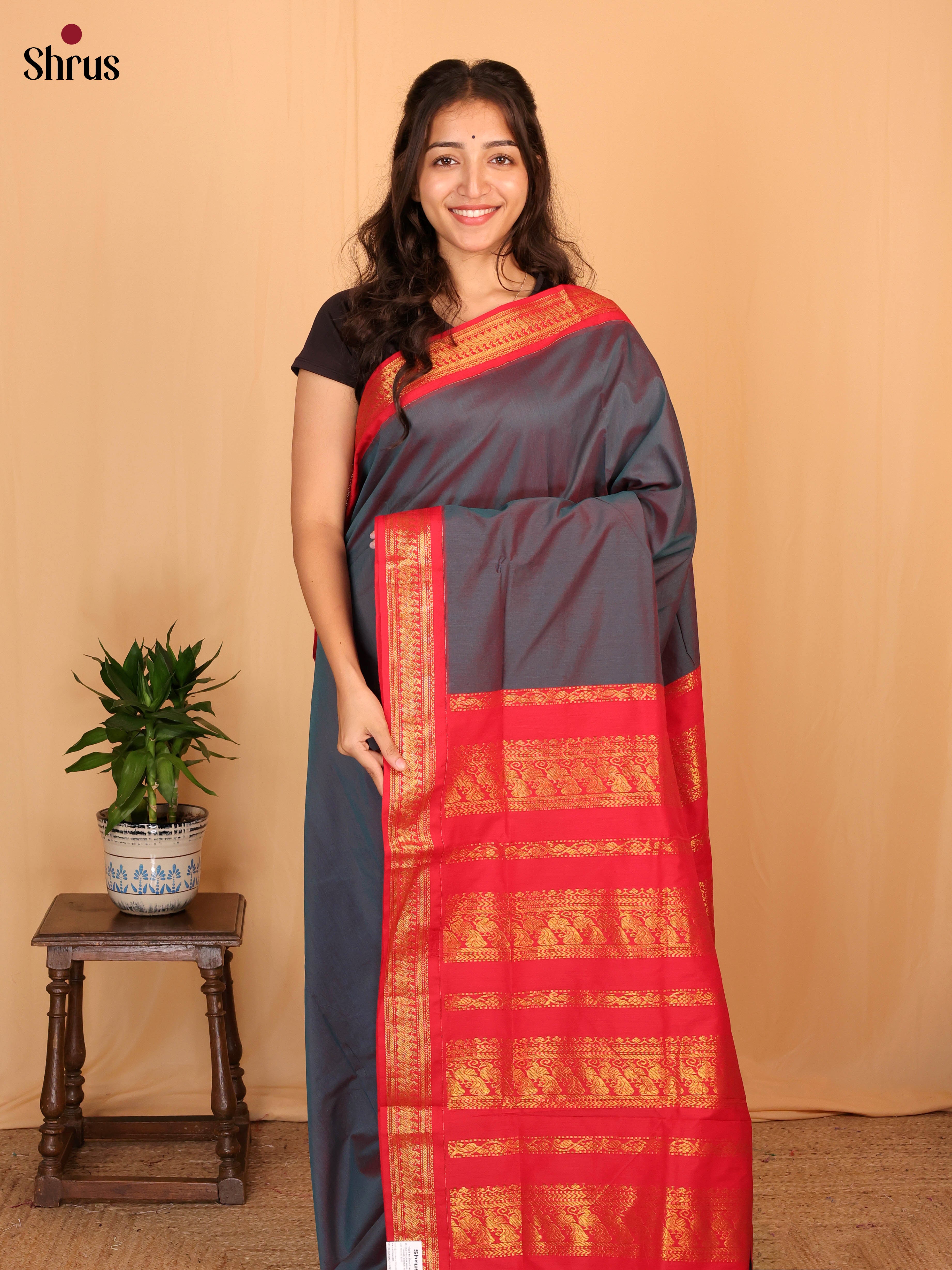 Double Shaded Blue & Red - Kalyani Cotton Saree - Shop on Shrus.com