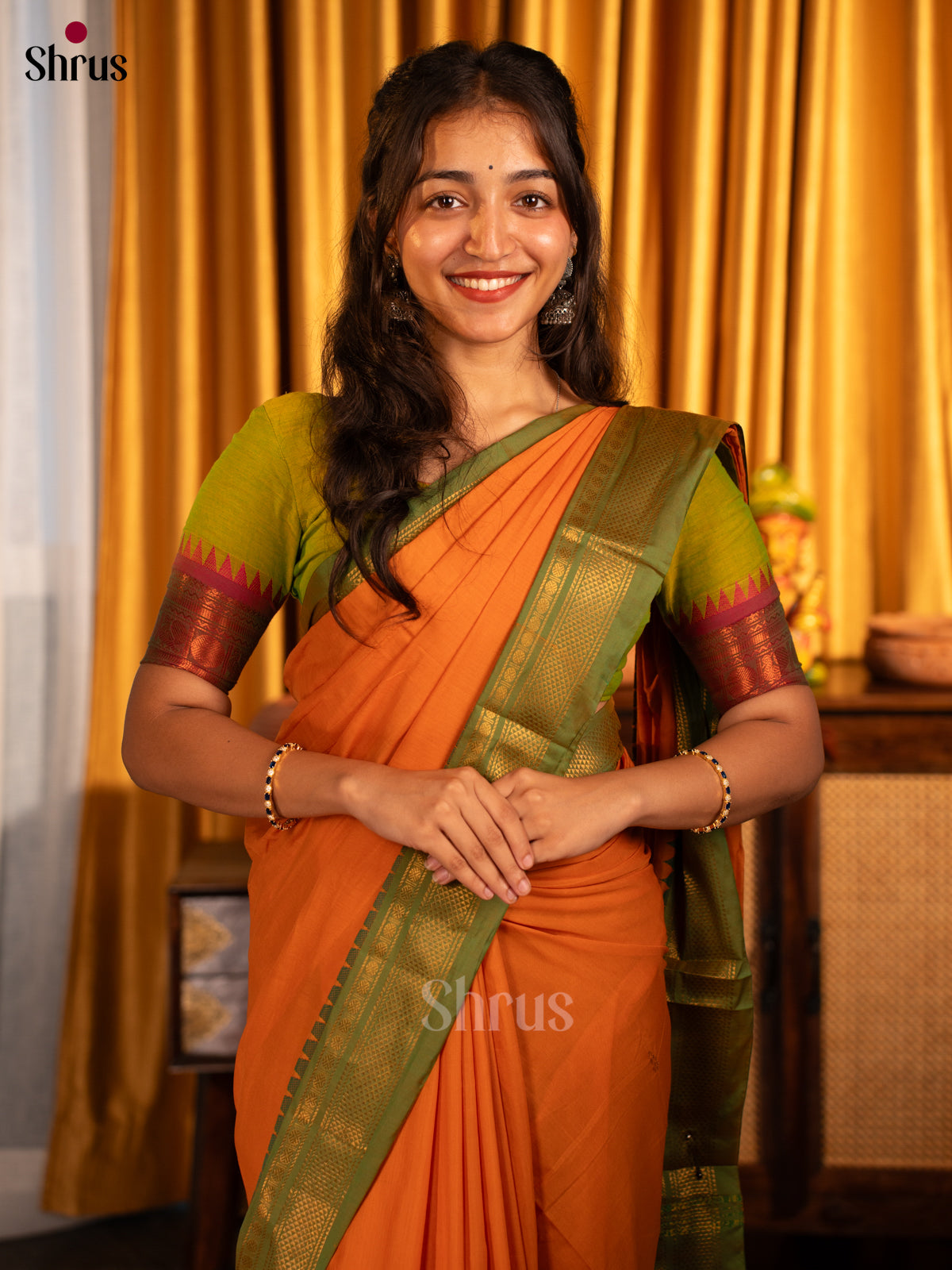 Orange & Green- Chettinad Mix Cotton - Shop on Shrus.com