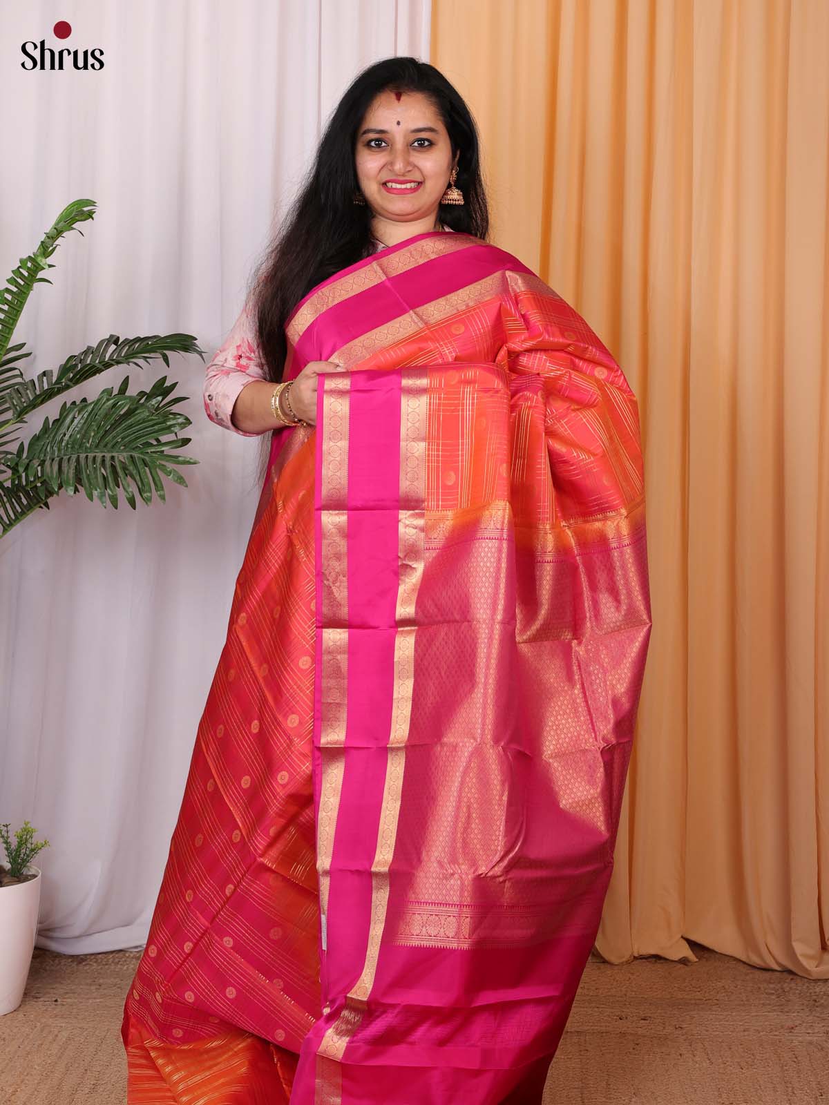 Orange & Pink - Kanchipuram silk Saree - Shop on Shrus.com
