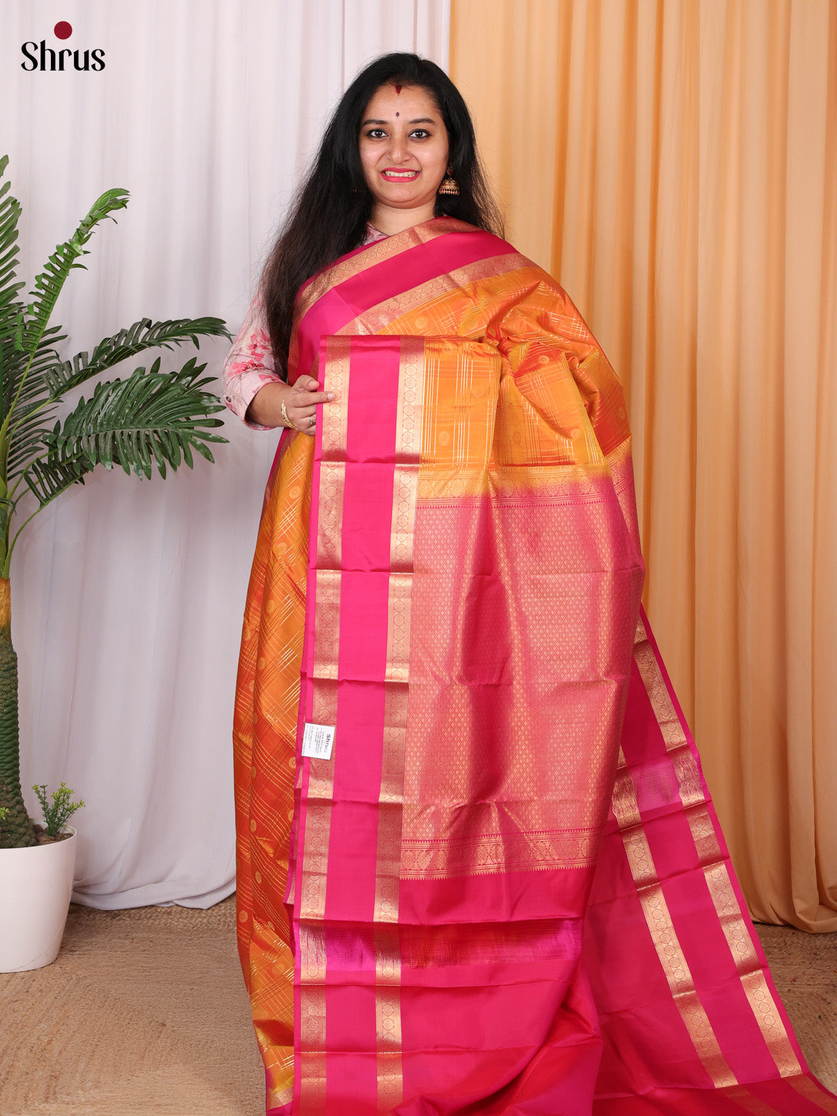 Stunning Orange and Pink Kanchipuram silk Saree With Intricately Woven Zari Checks-1