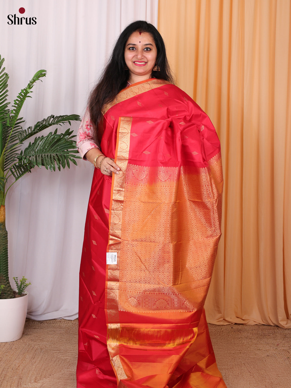 Red & Orange - Kanchipuram silk Saree - Shop on Shrus.com