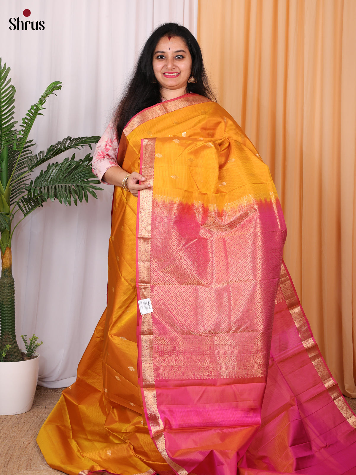 Mustard & Pink- Kanchipuram silk Saree - Shop on Shrus.com