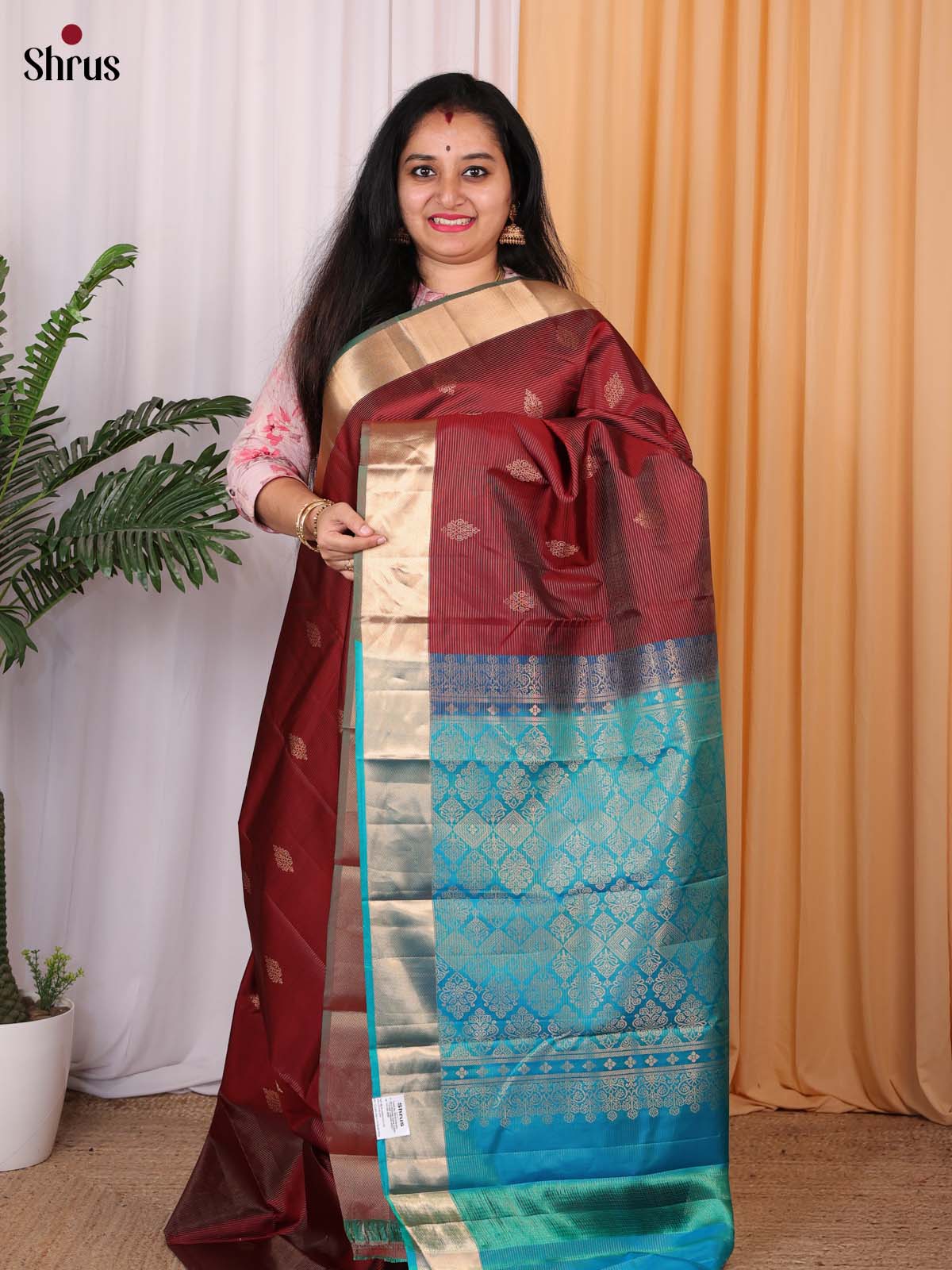 Brown & Blue- Kanchipuram silk Saree - Shop on Shrus.com