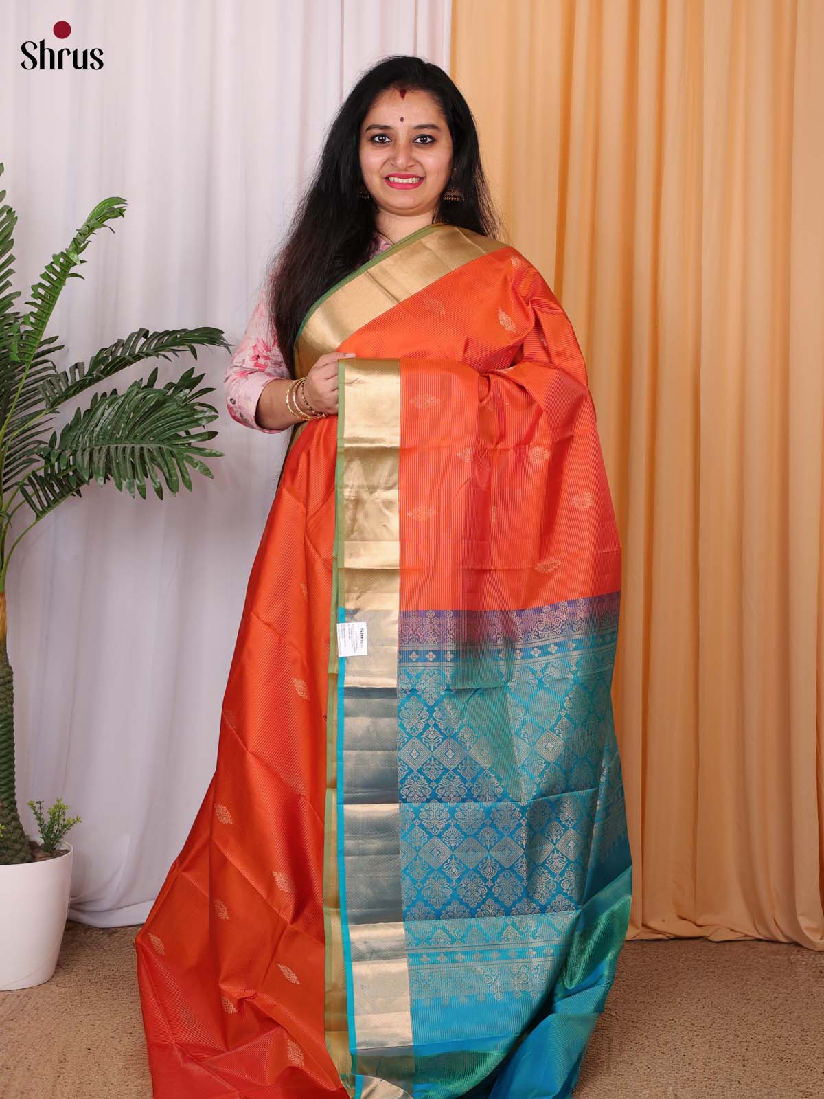 Orange & Blue - Kanchipuram silk Saree - Shop on Shrus.com