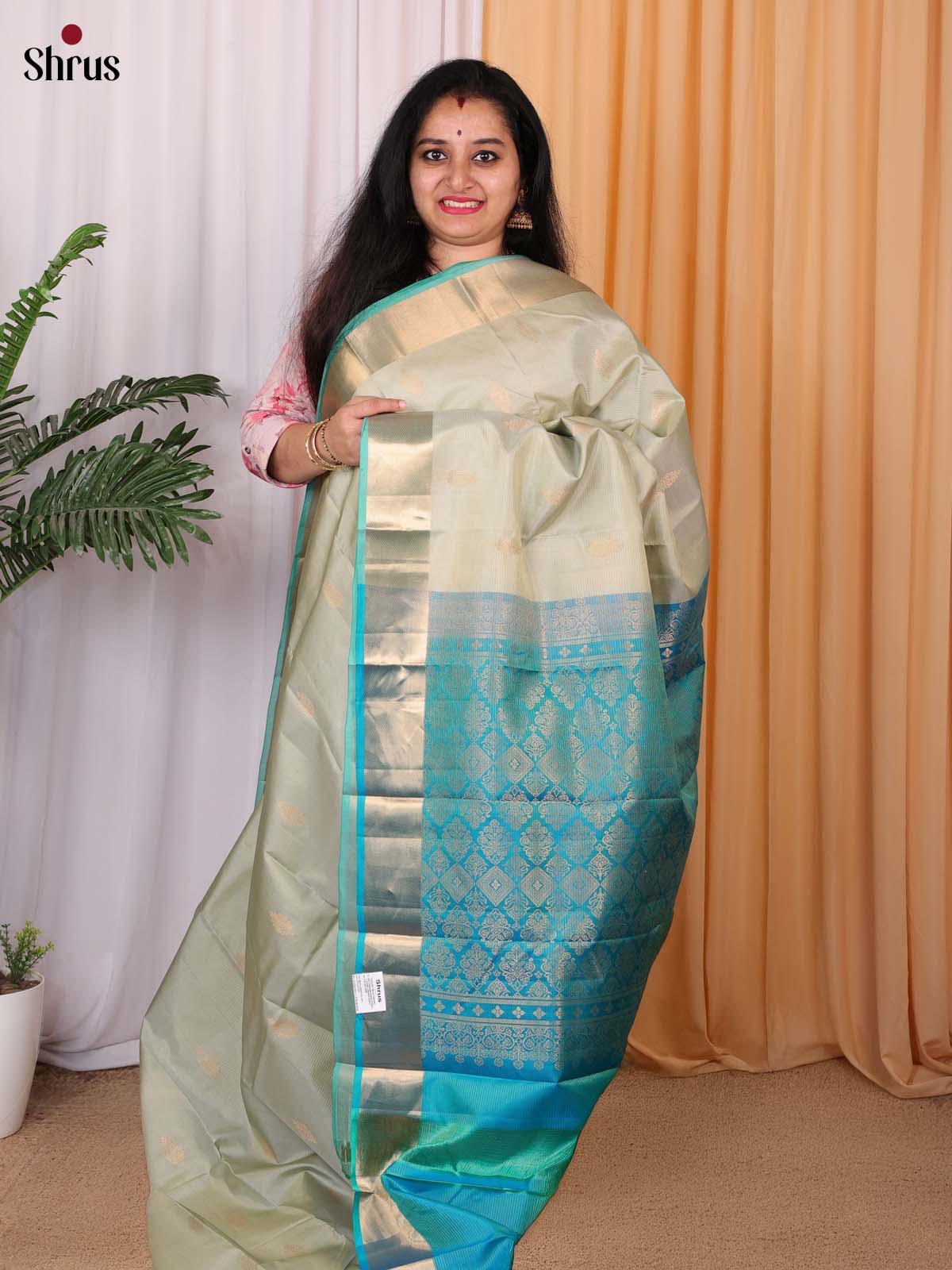 Lite Green & Blue- Kanchipuram silk Saree - Shop on Shrus.com