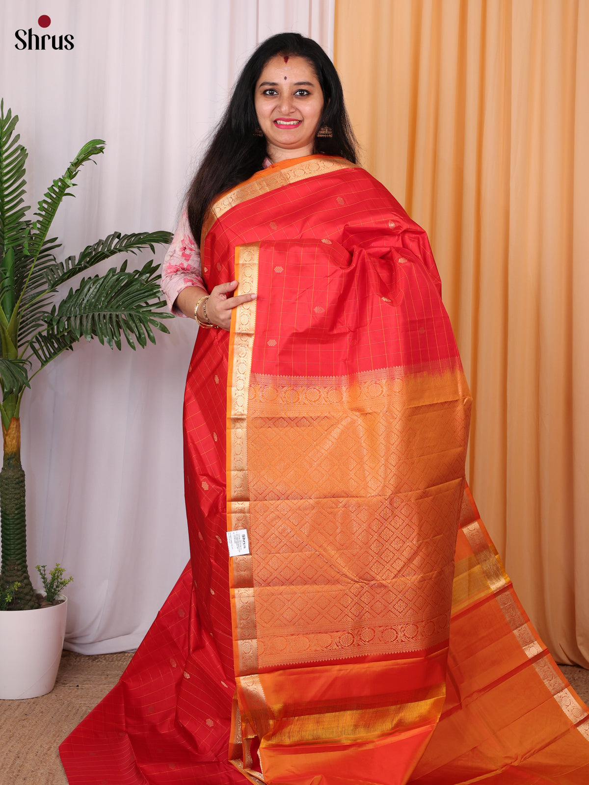 Red & Orange - Kanchipuram silk Saree - Shop on Shrus.com