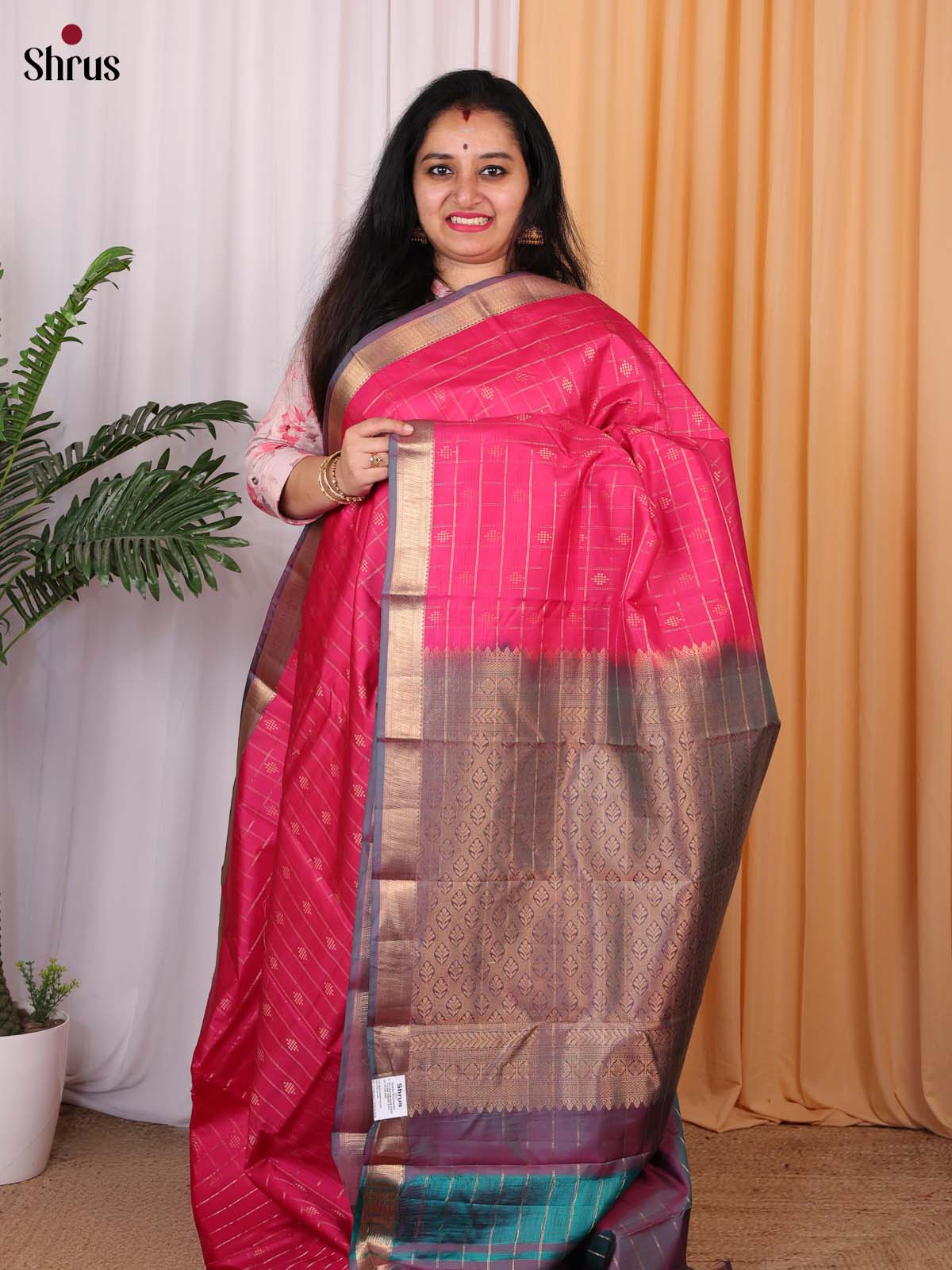 Pink & Double Shaded Purple - Kanchipuram silk Saree - Shop on Shrus.com