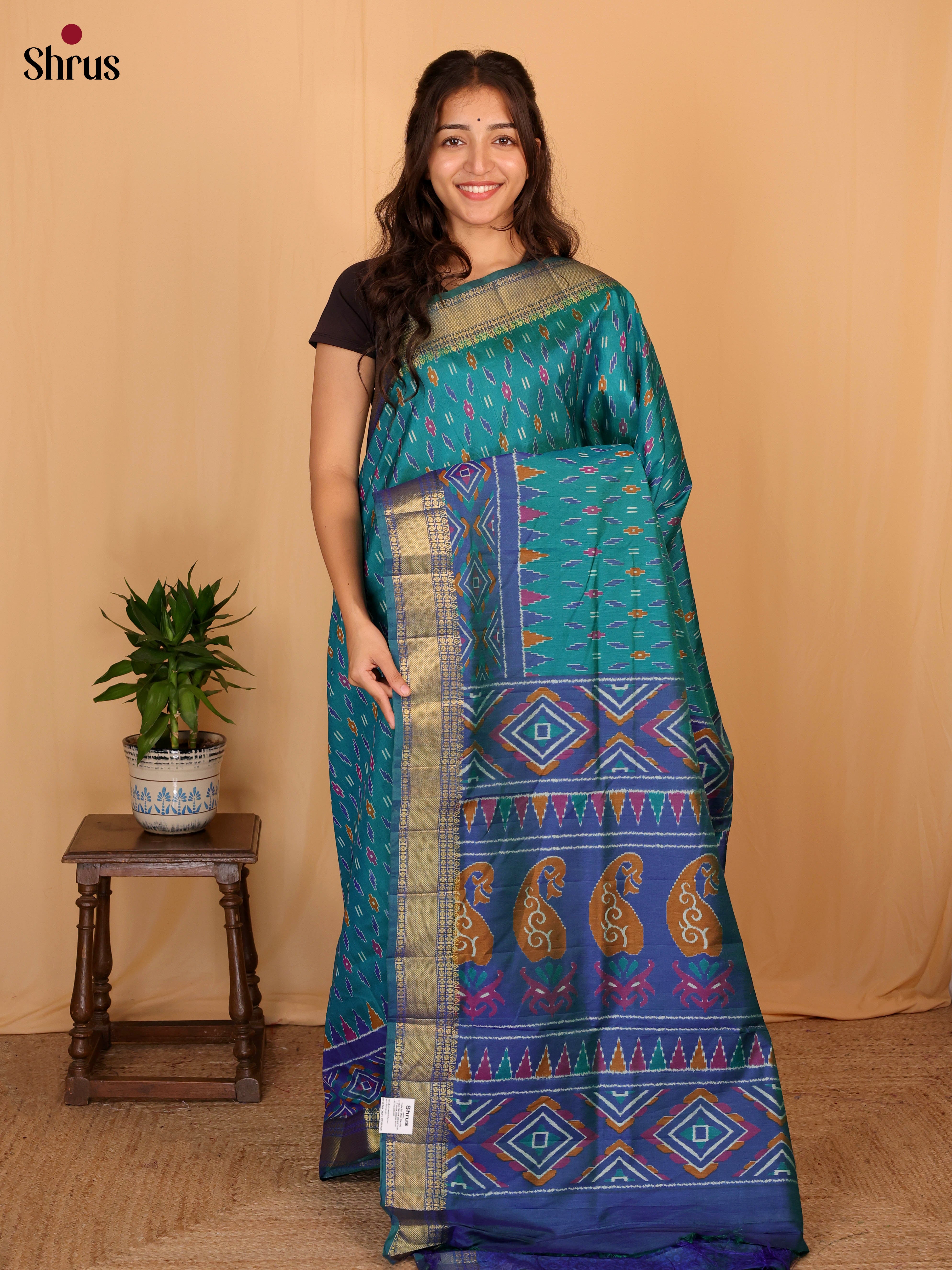 Teal & Blue - Semi Patola Saree - Shop on Shrus.com