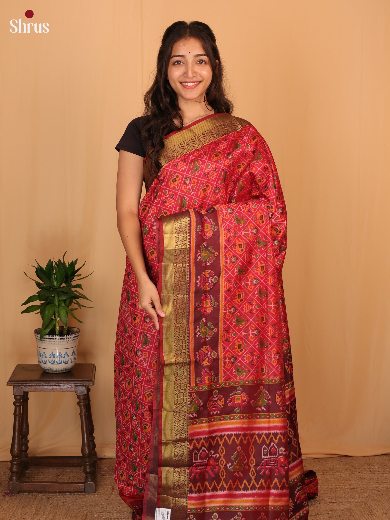 Red & Maroon - Semi Patola Saree - Shop on Shrus.com