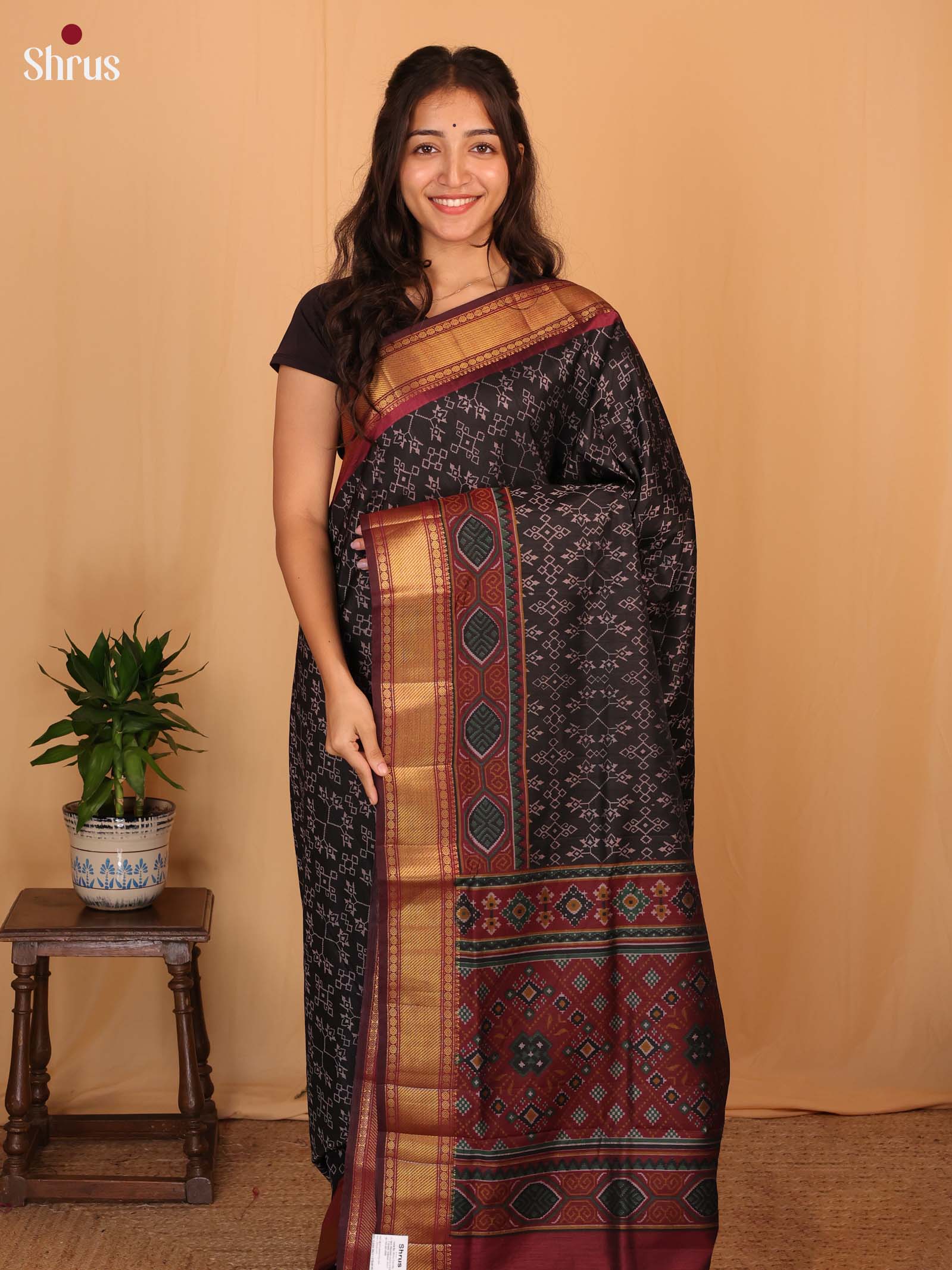 Black & Maroon - Semi Patola Saree - Shop on Shrus.com