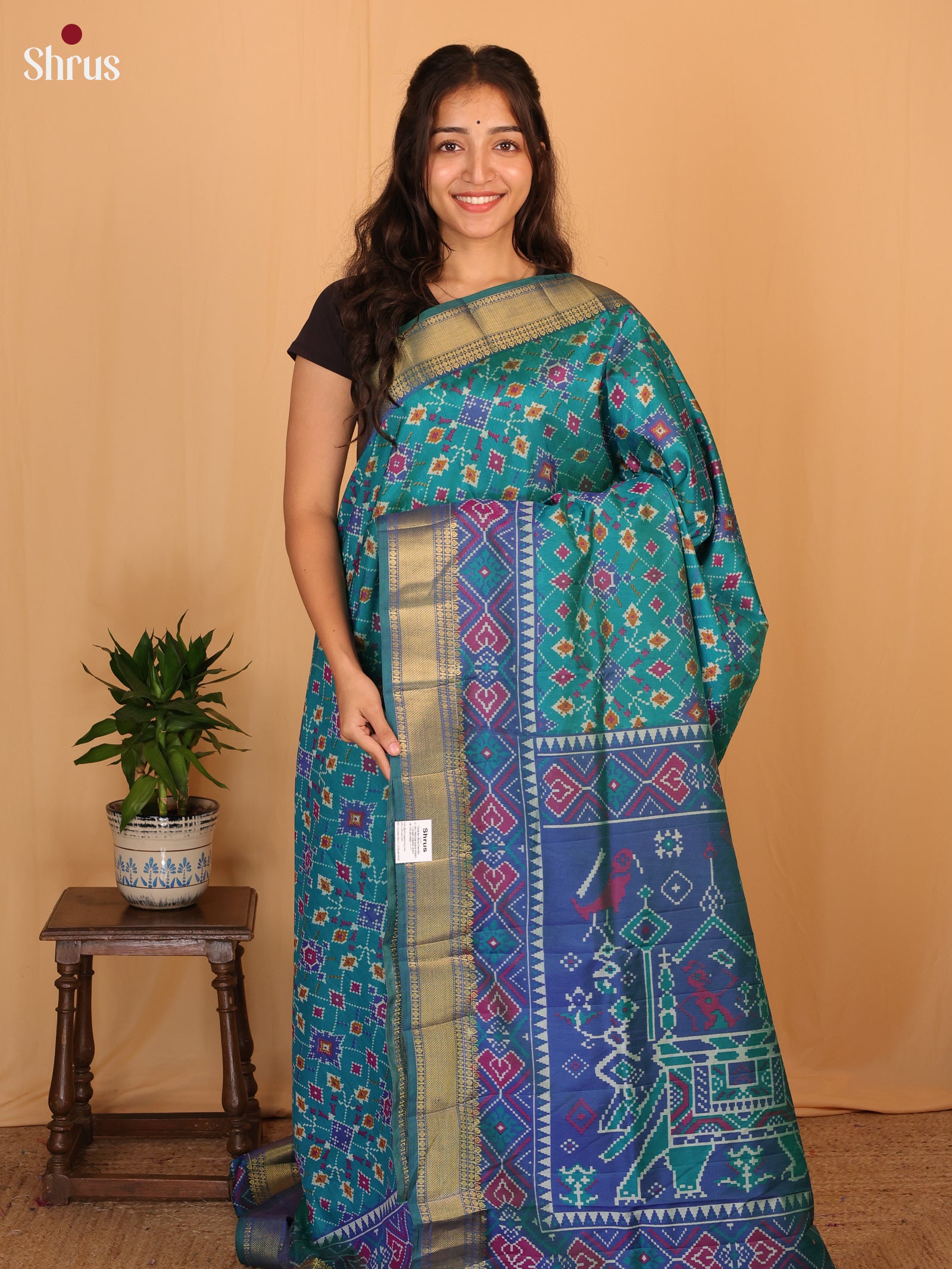 Teal & Blue - Semi Patola Saree - Shop on Shrus.com