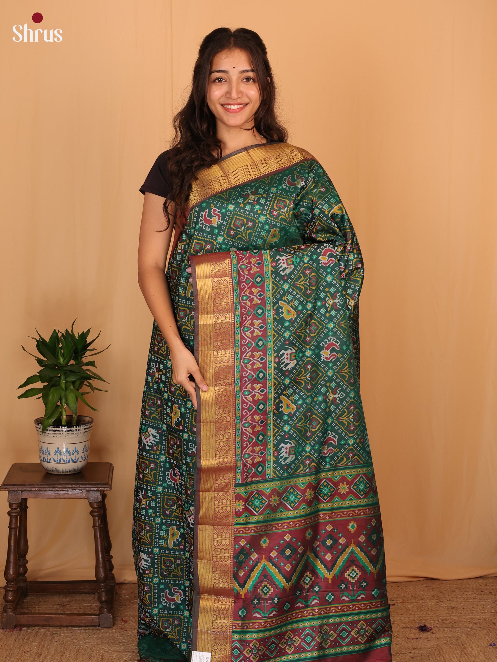Green & Brown - Semi Patola Saree - Shop on Shrus.com
