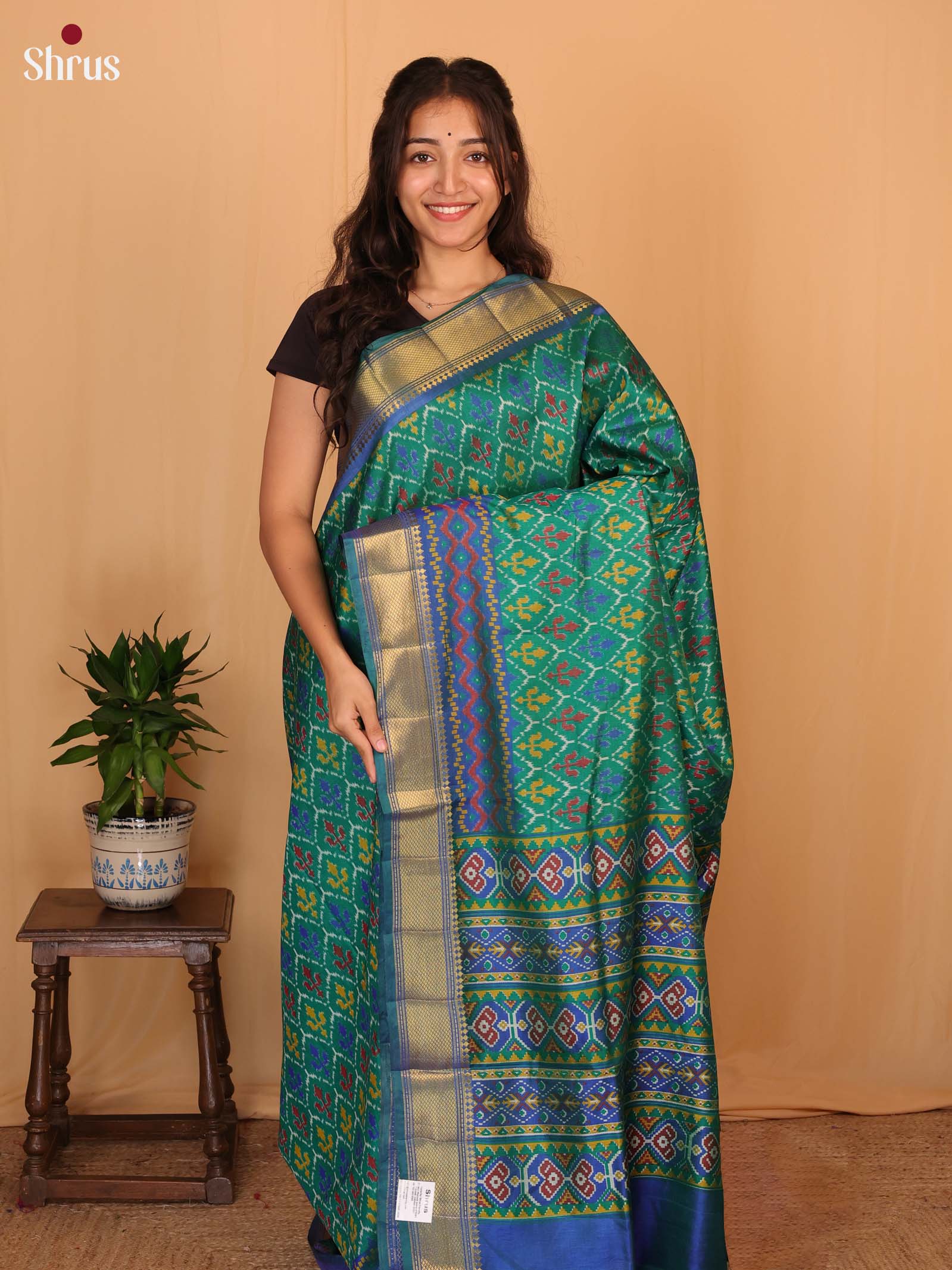 Green & Blue - Semi Patola Saree - Shop on Shrus.com