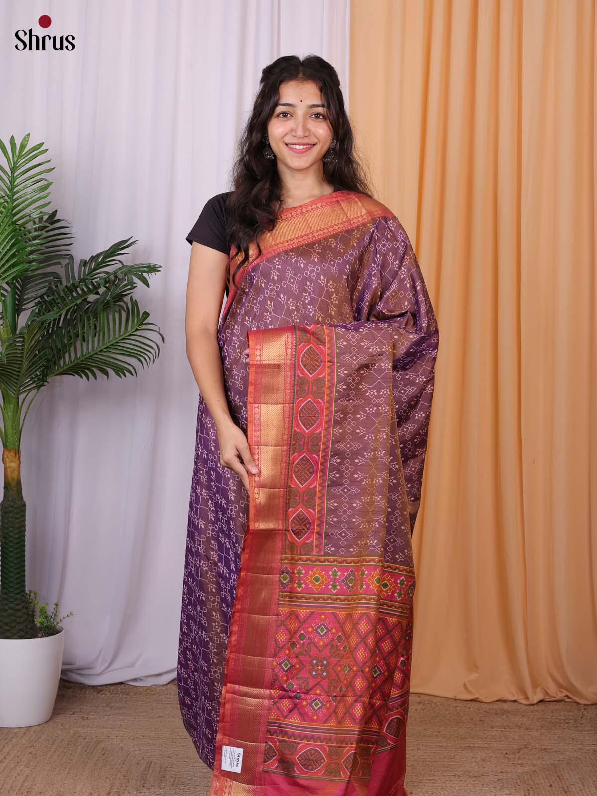 Purple & Orangish Pink - Semi Patola Saree - Shop on Shrus.com